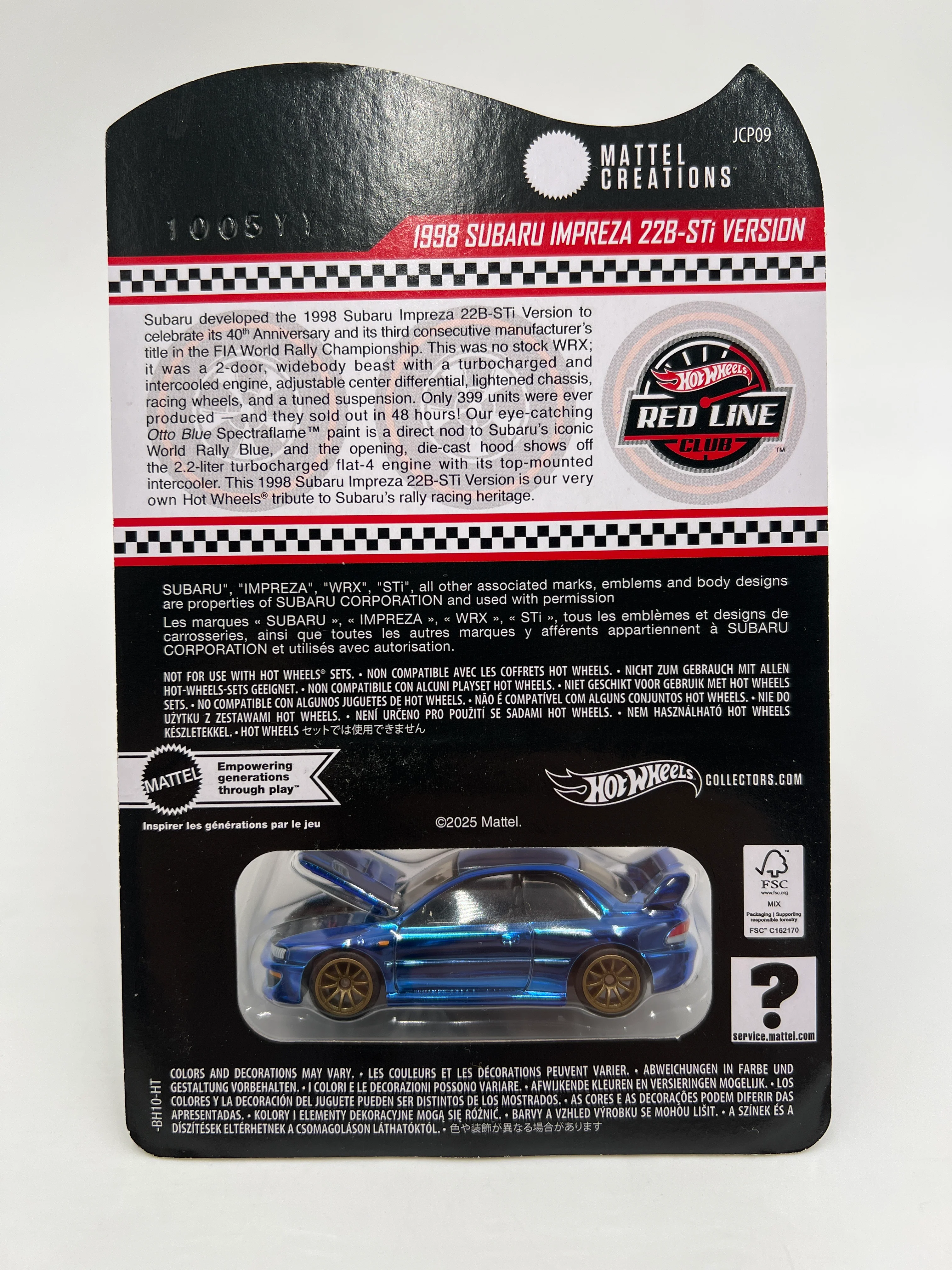 2025 Hot Wheels RLC Exclusive 1998 Subaru Impreza 22B-STi Version Blue W/Protector - Image 6