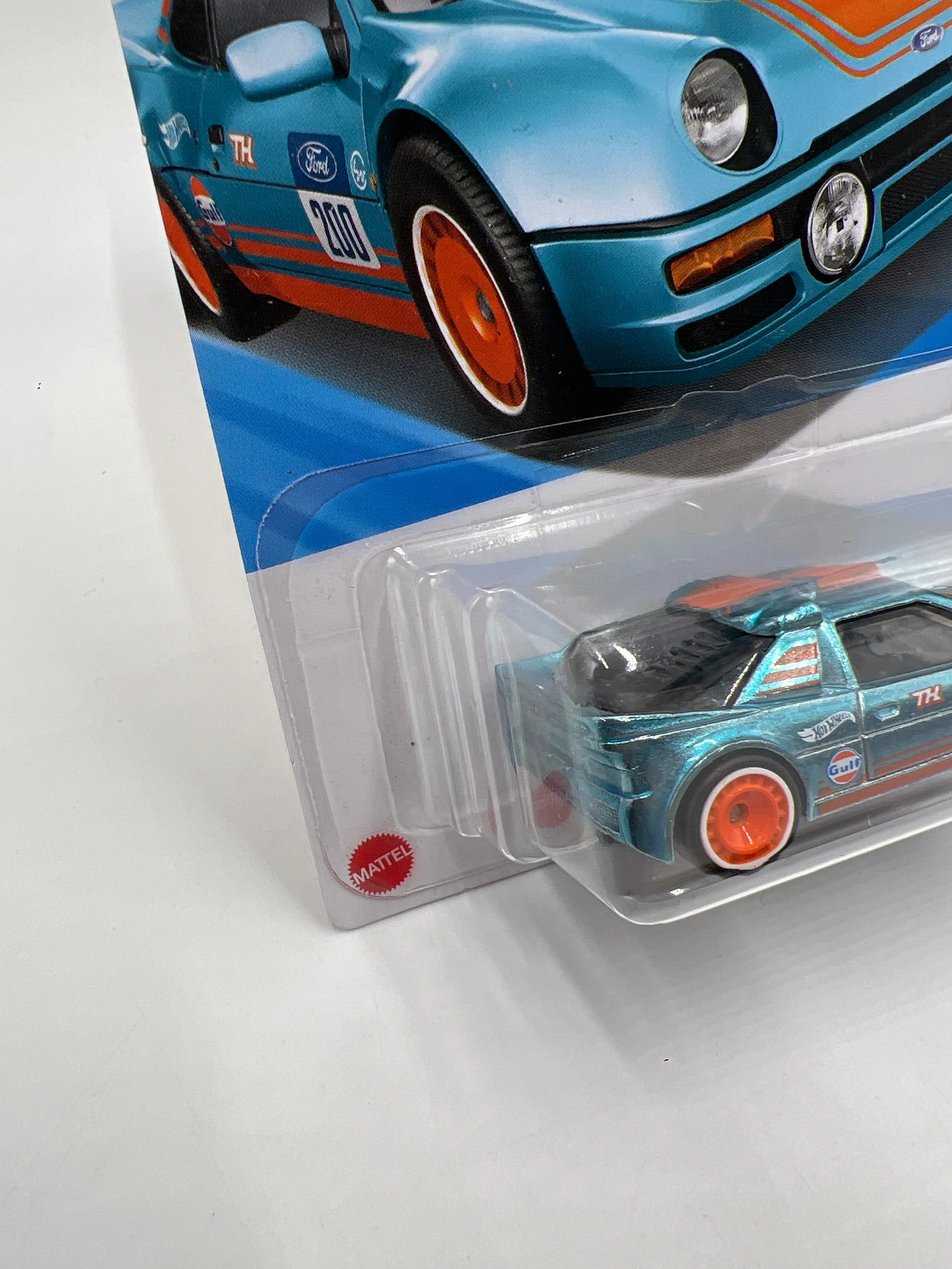 2025 Hot Wheels Super Treasure Hunt #247 Ford RS200 Gulf Blue W/Protector - Image 4
