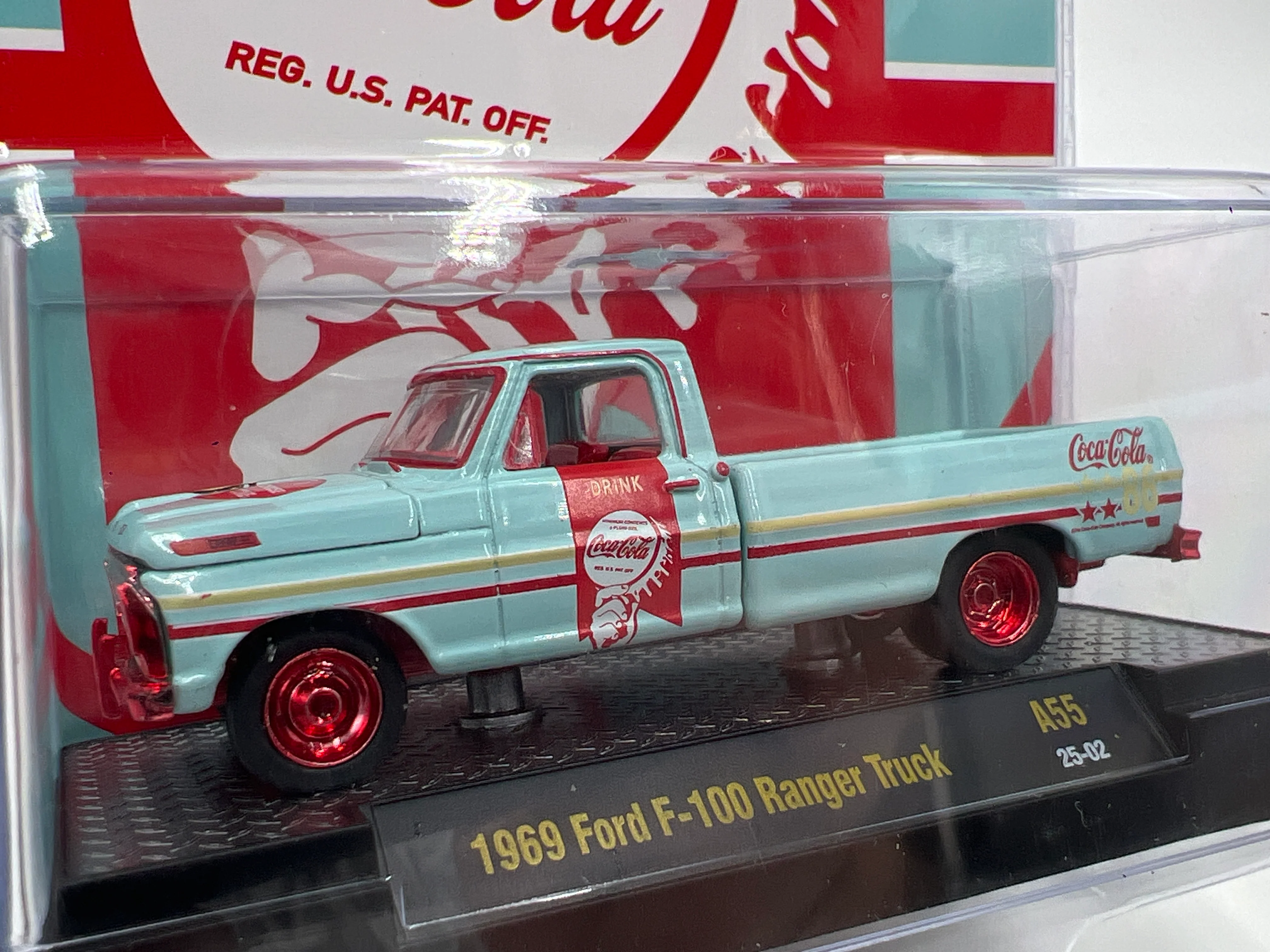 2025 M2 Machines Coca Cola CHASE 1969 Ford F-100 Ranger Truck Light Blue A55 - Image 2