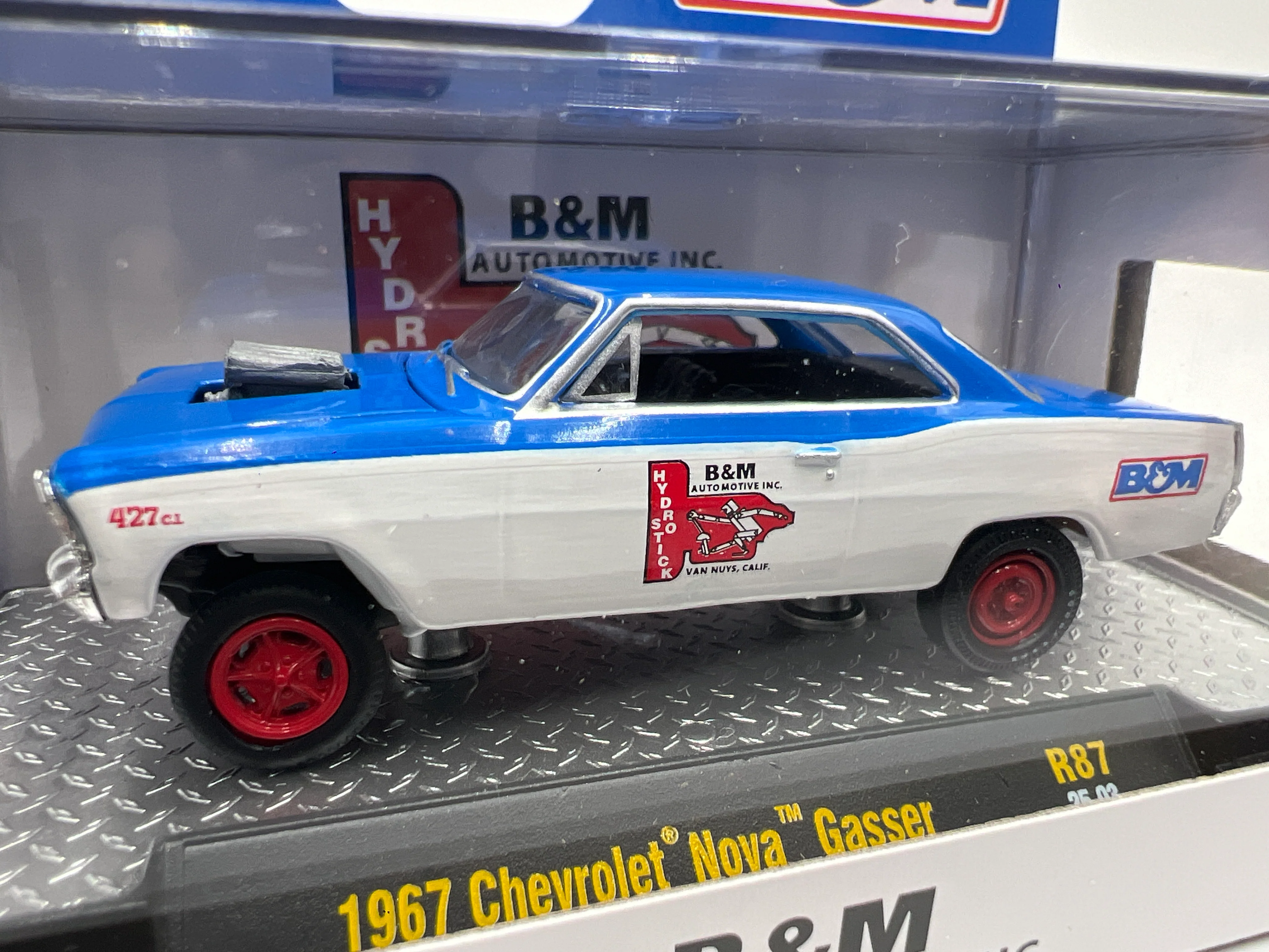 2025 M2 Machines Detroit Muscle 1967 Chevrolet Nova Gasser Blue/White B&M R87 - Image 2
