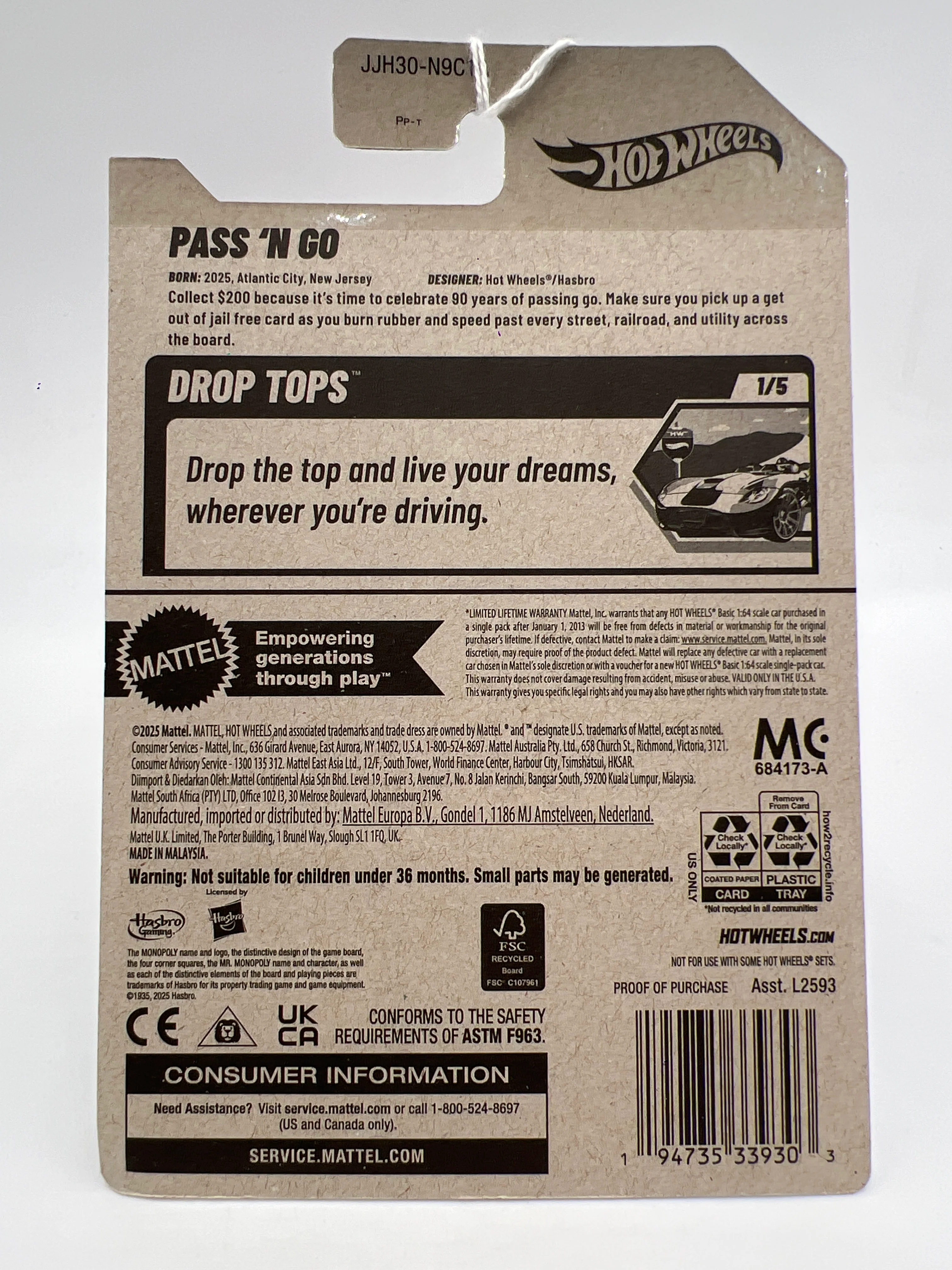 2026 Hot Wheels A Case Drop Tops #5 Monopoly 90th Anniversary Pass N Go 121F - Image 6