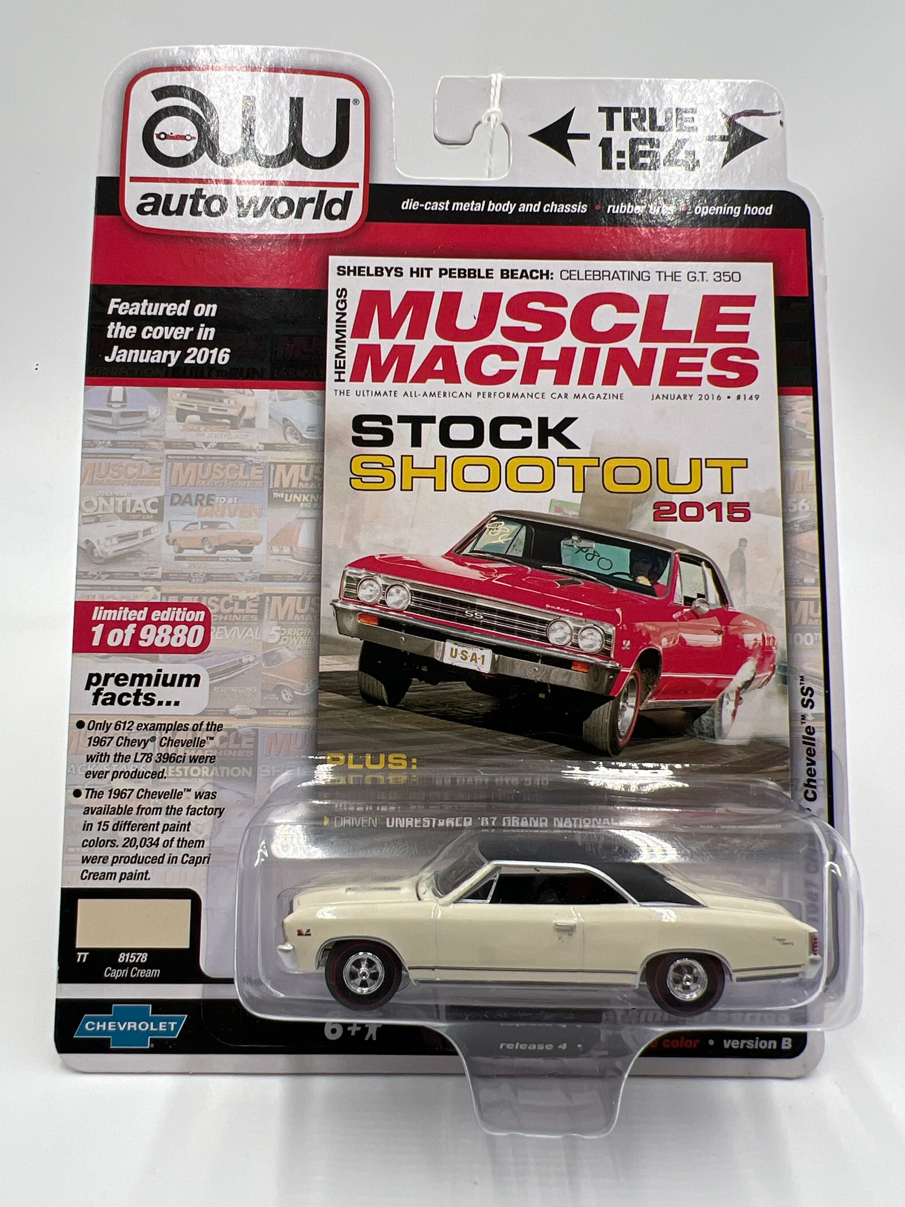 Auto World Hemmings Muscle Machines Release 4 Version B 1967 Chevy Chevelle SS Capri Cream White 184C - Image 2