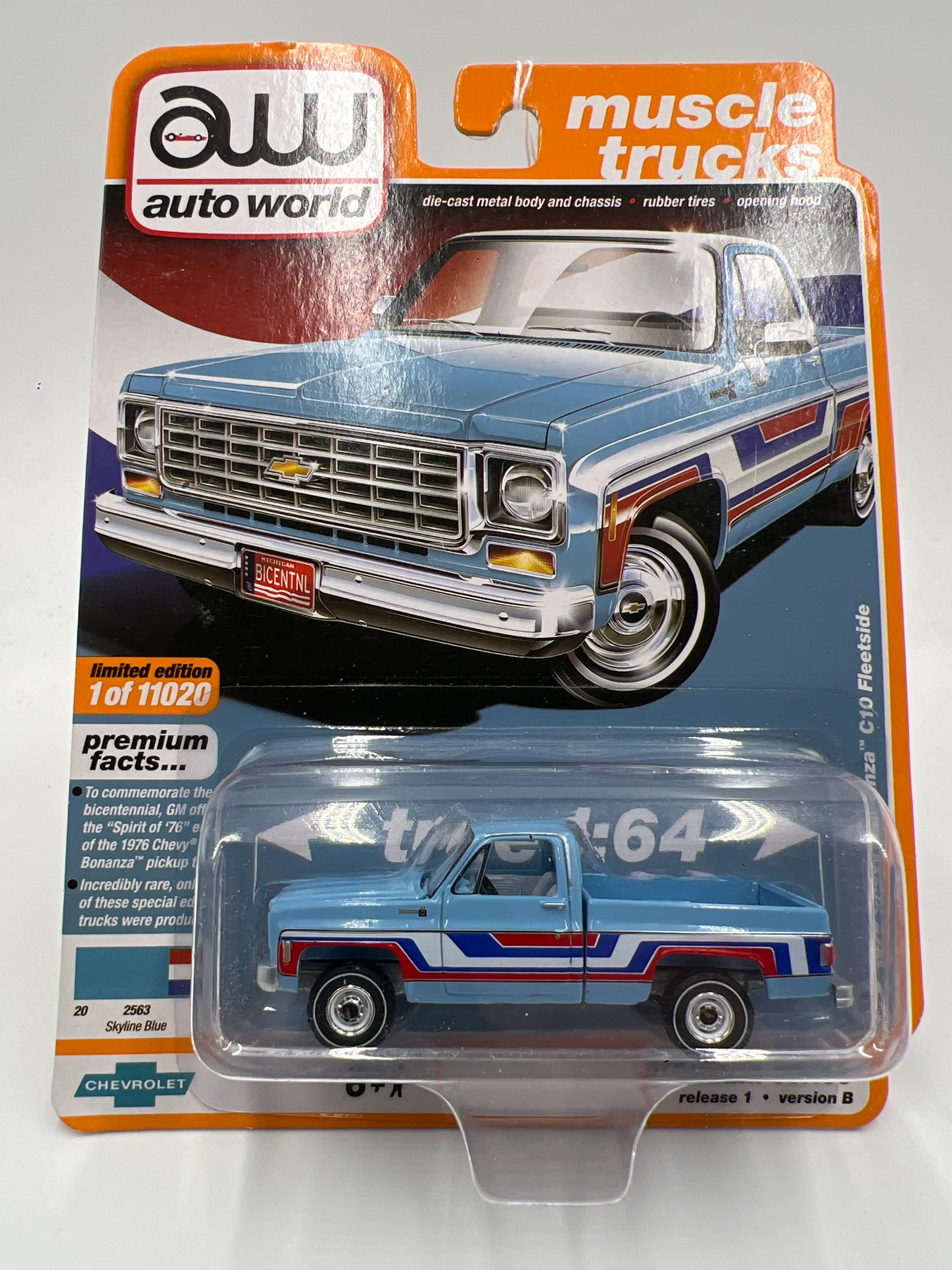 Auto World Muscle Trucks Release 1 Version B 1976 Chevy Bonanza C10 Fleetside Light Blue Spirit Of 76 Edition 182D - Image 2