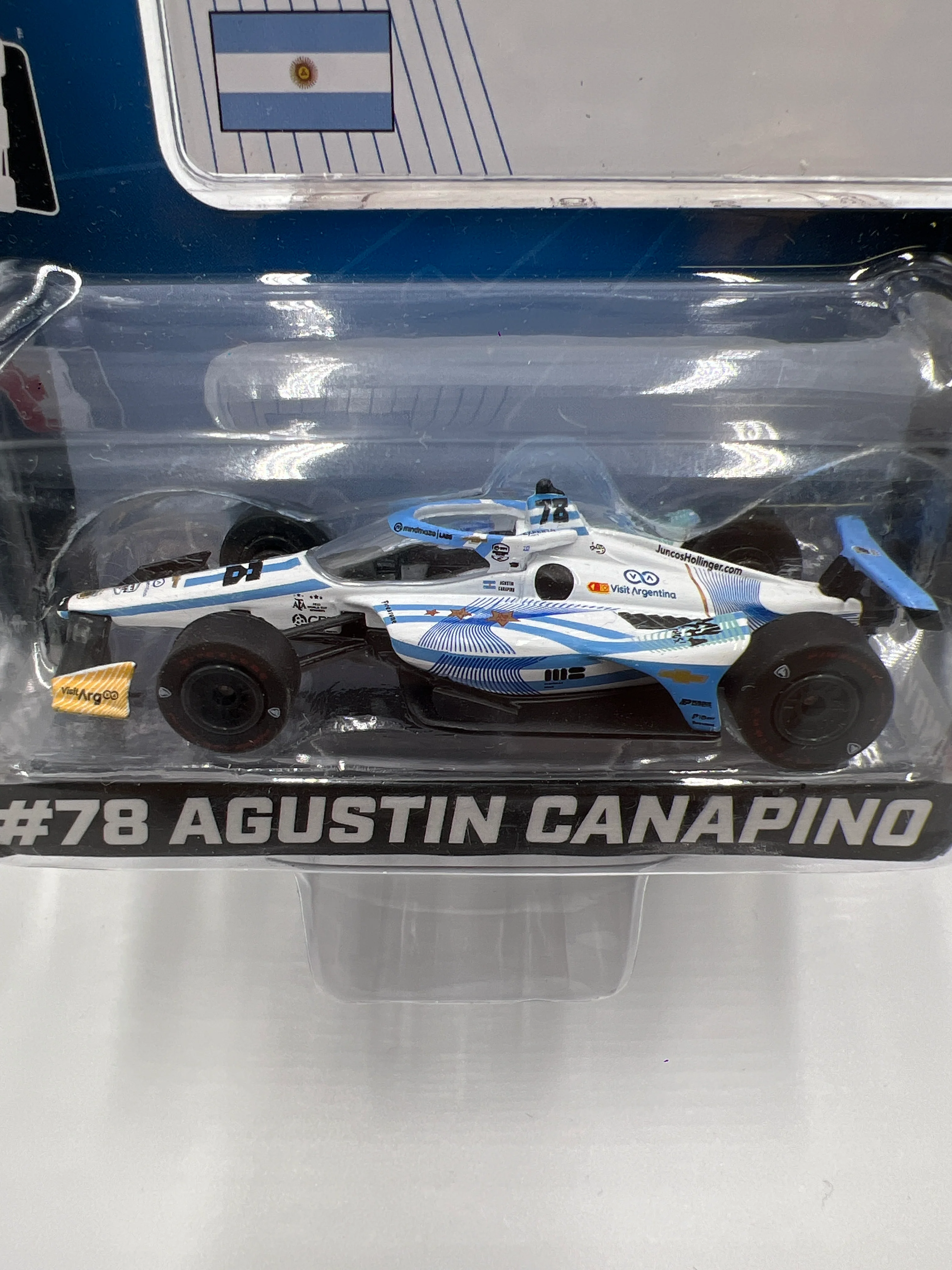 Greenlight NTT Indycar Series #78 Agustin Canapino F1 Car White/Blue Card Upside Down Error 177C - Image 3
