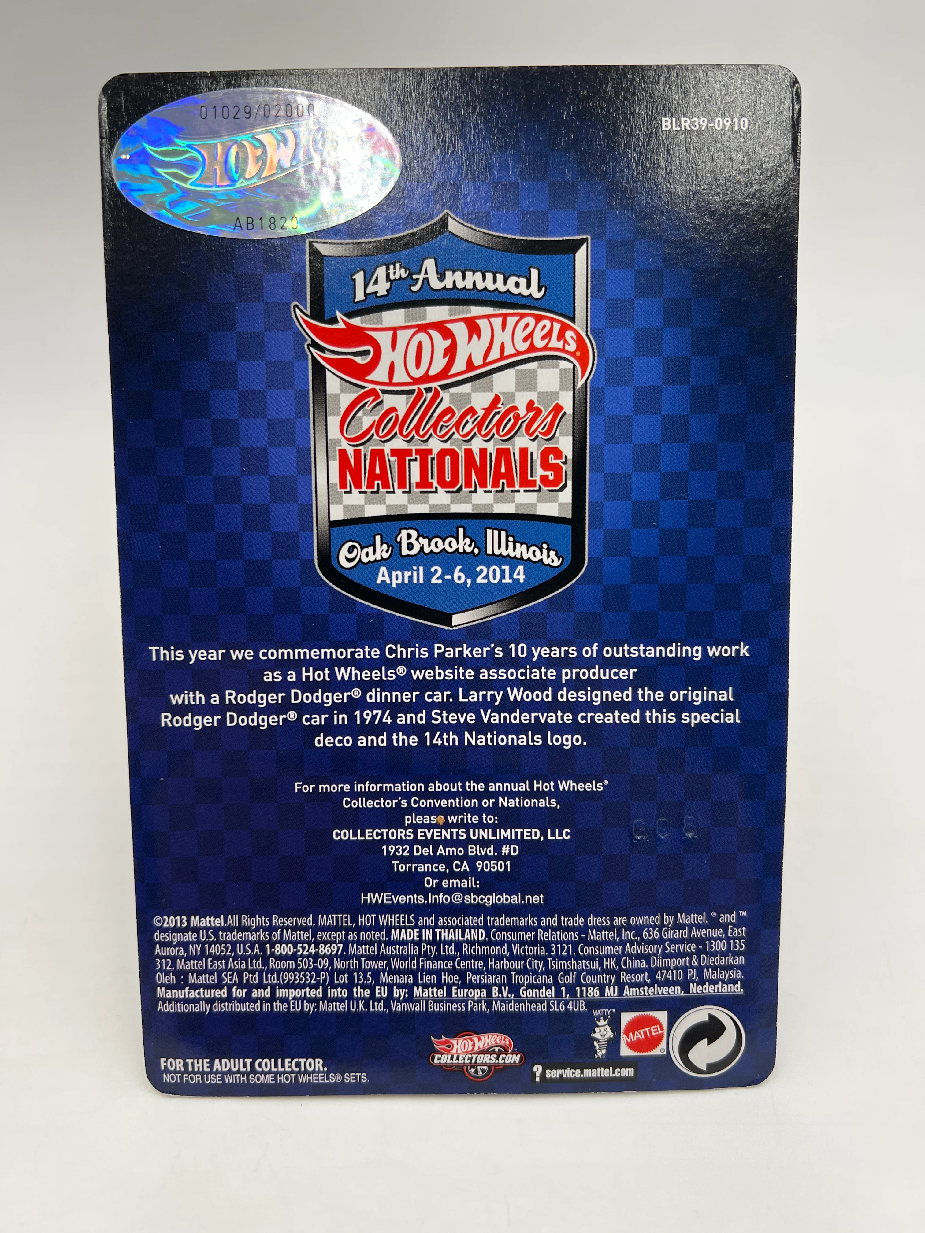 2014 Hot Wheels 14th Annual Collectors Nationals 1029/2000 Rodger Dodger Blue W/Protector - Image 6