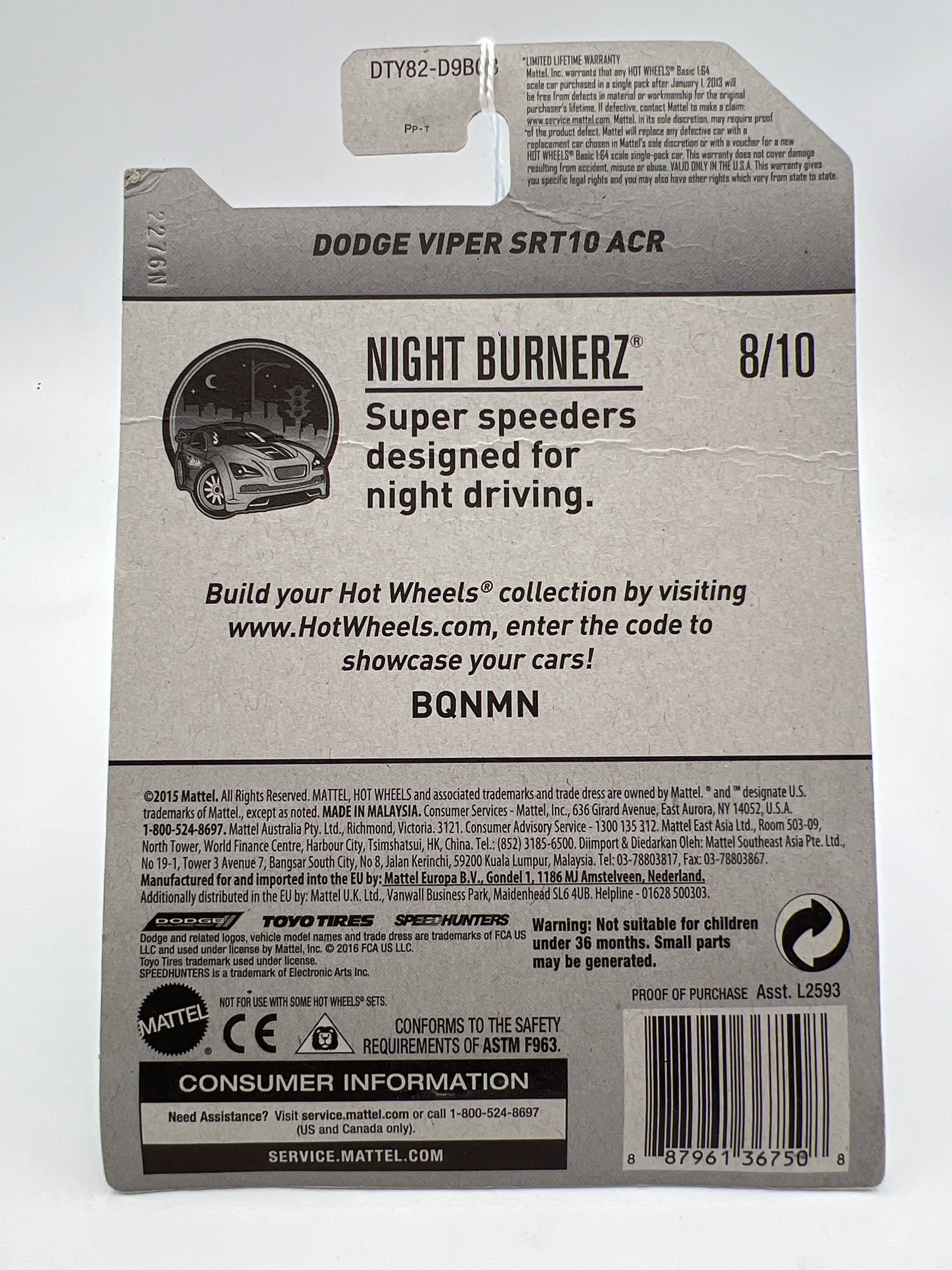 2017 Hot Wheels Night Burnerz Dodge Viper SRT10 ACR Light Blue (Card Not Perfect) 140C - Image 7