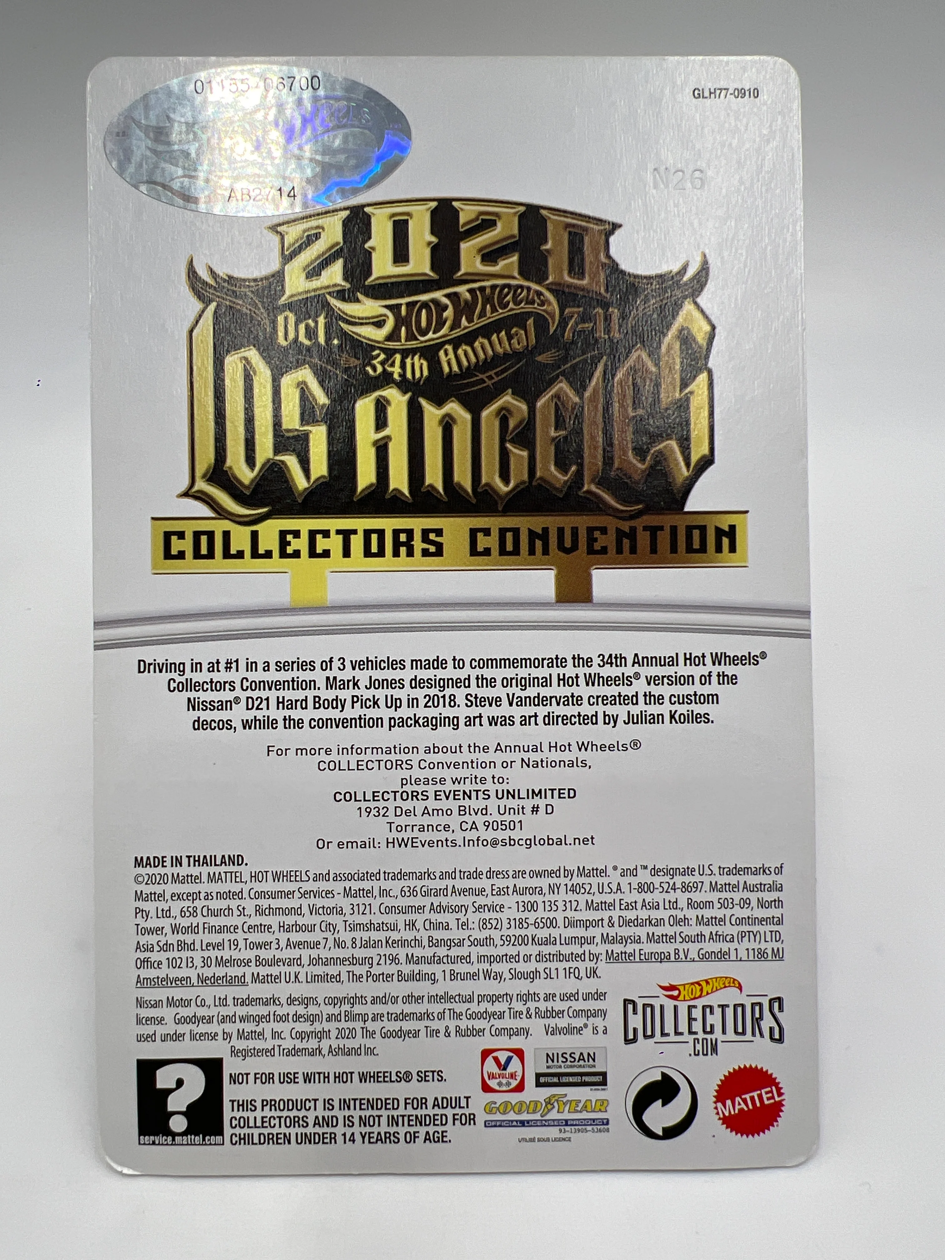 2020 Hot Wheels 34th Annual Collectors Convention #1155/6700 93 Nissan D21 Hard Body Custom White W/Protector - Image 7