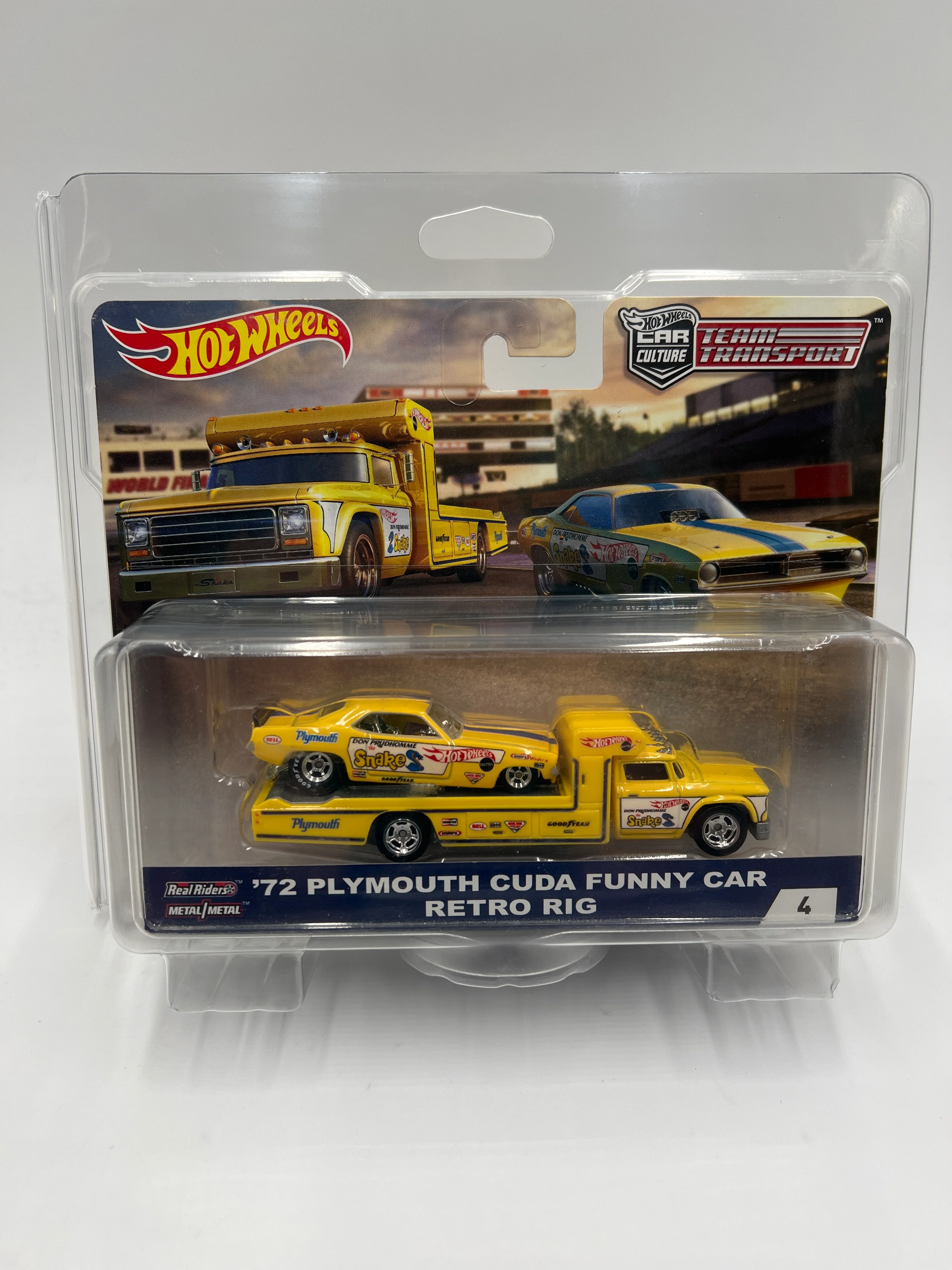 Hot Wheels Car Culture Team Transport #4 72 Plymouth Cuda Funny Car Snake & Retro Rig W/Protector Cracked Blister - Image 8