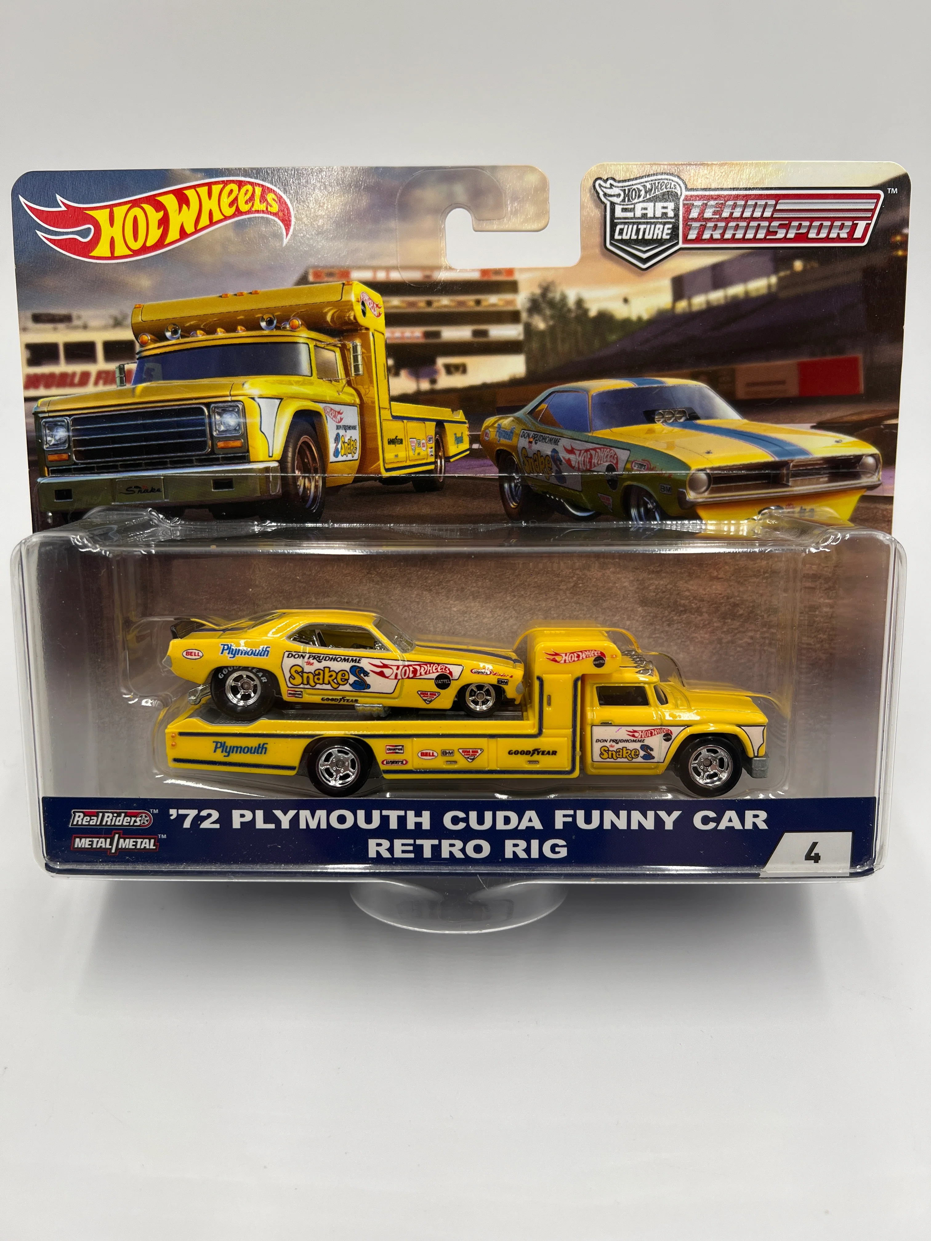 Hot Wheels Car Culture Team Transport #4 72 Plymouth Cuda Funny Car Snake & Retro Rig W/Protector - Image 2