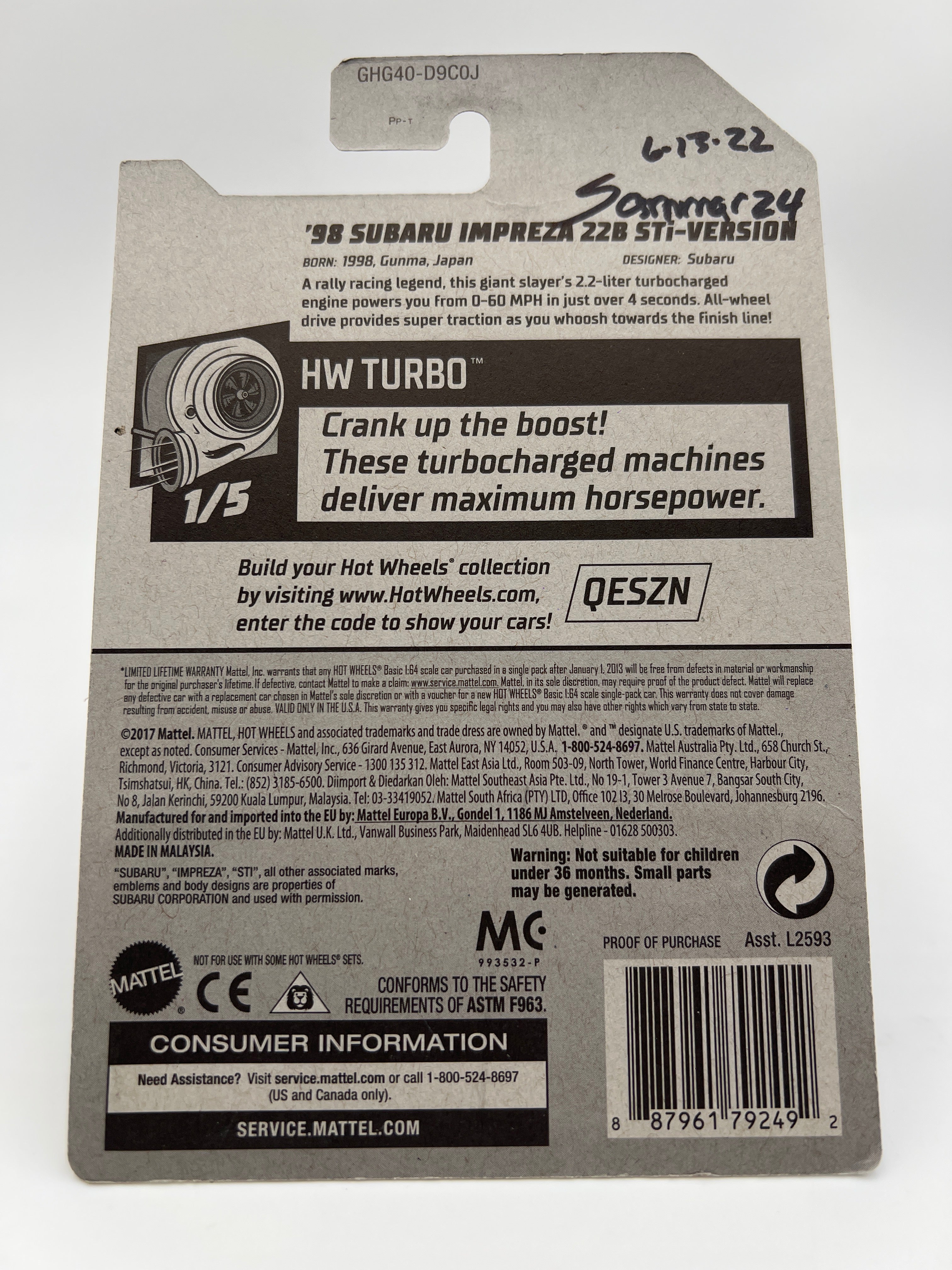 Hot Wheels Zamac 98 Subaru Impreza 22B STi-Version Wheel Swap Custom On Card W/Protector - Image 6