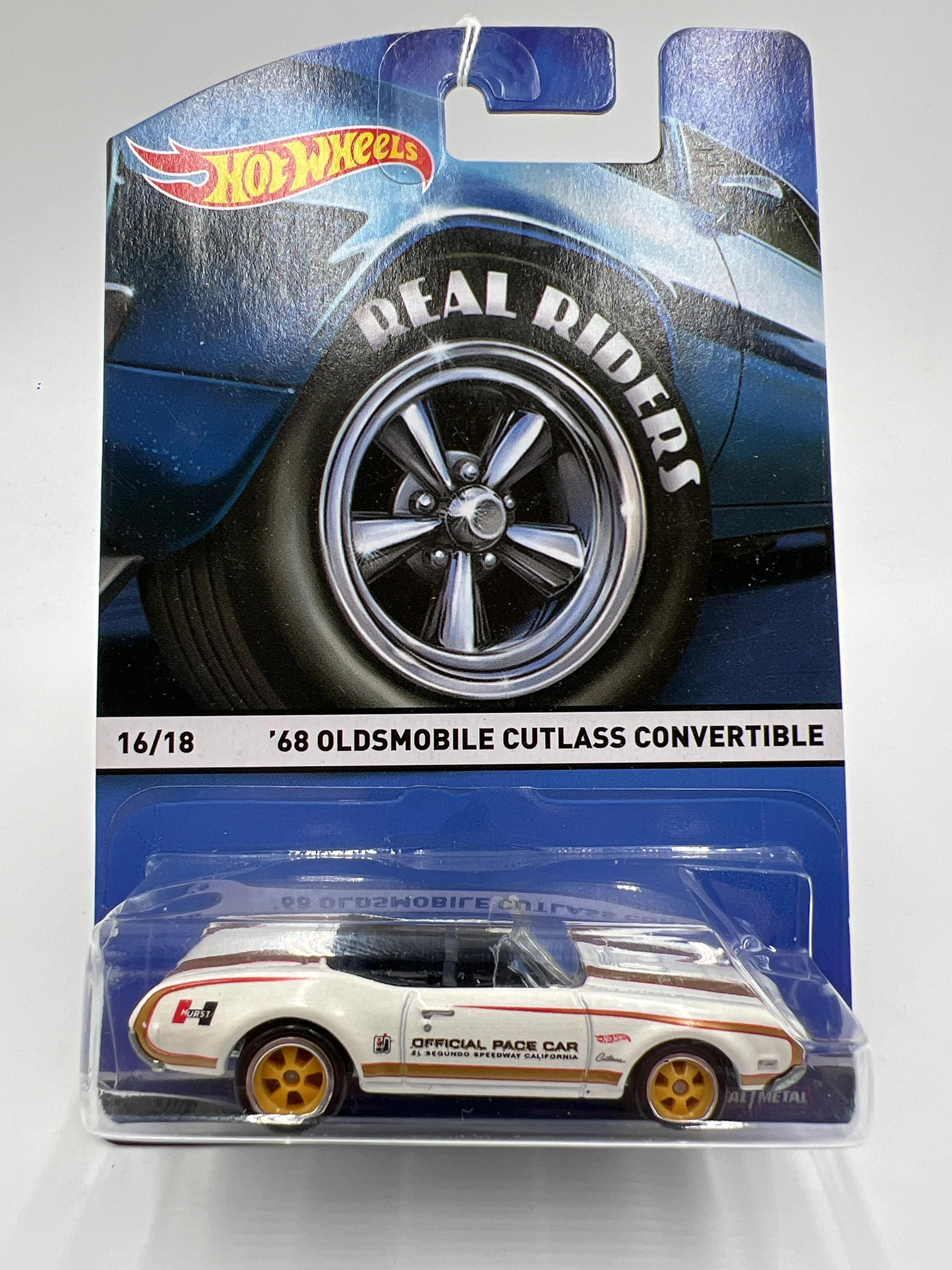 Hot Wheels Premium Heritage Real Riders #16 68 Oldsmobile Cutlass Convertible Hurst White Blister Not Perfect - Image 2