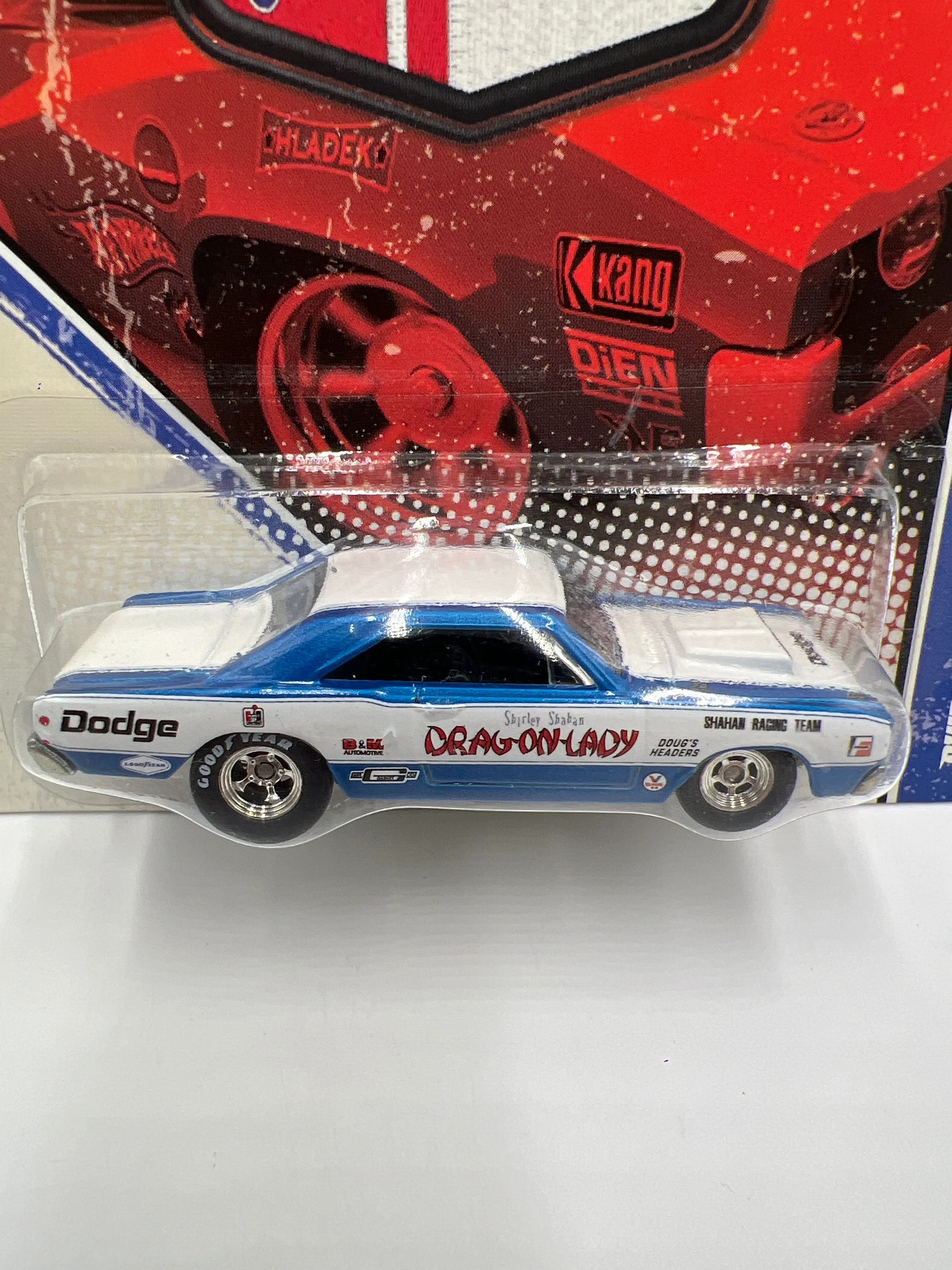 Hot Wheels Premium Vintage Racing #7 Shirley Shahans 68 Dodge Dart Blue/White Drag-On Lady W/Protector - Image 2