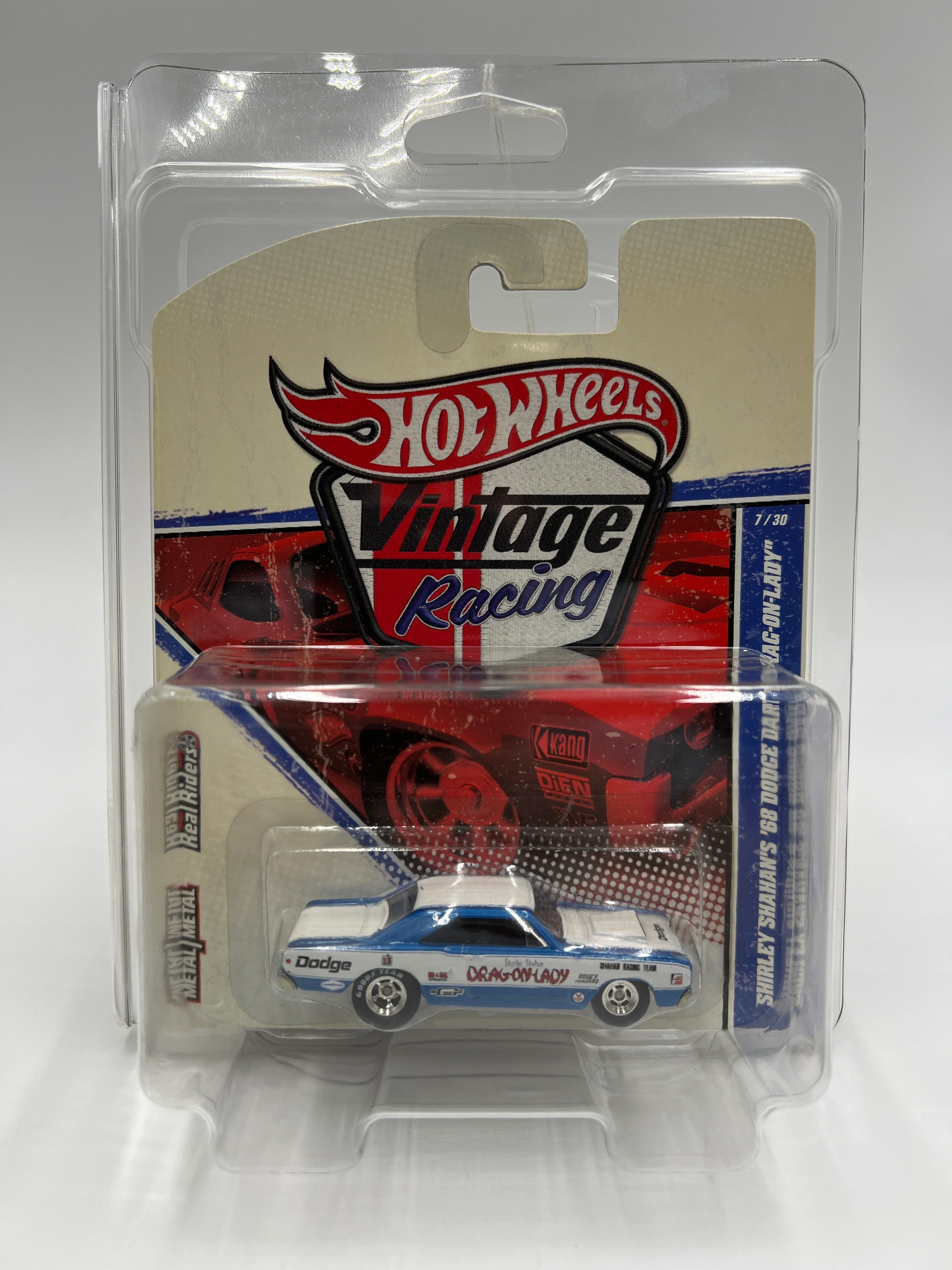 Hot Wheels Premium Vintage Racing #7 Shirley Shahans 68 Dodge Dart Blue/White Drag-On Lady W/Protector - Image 7