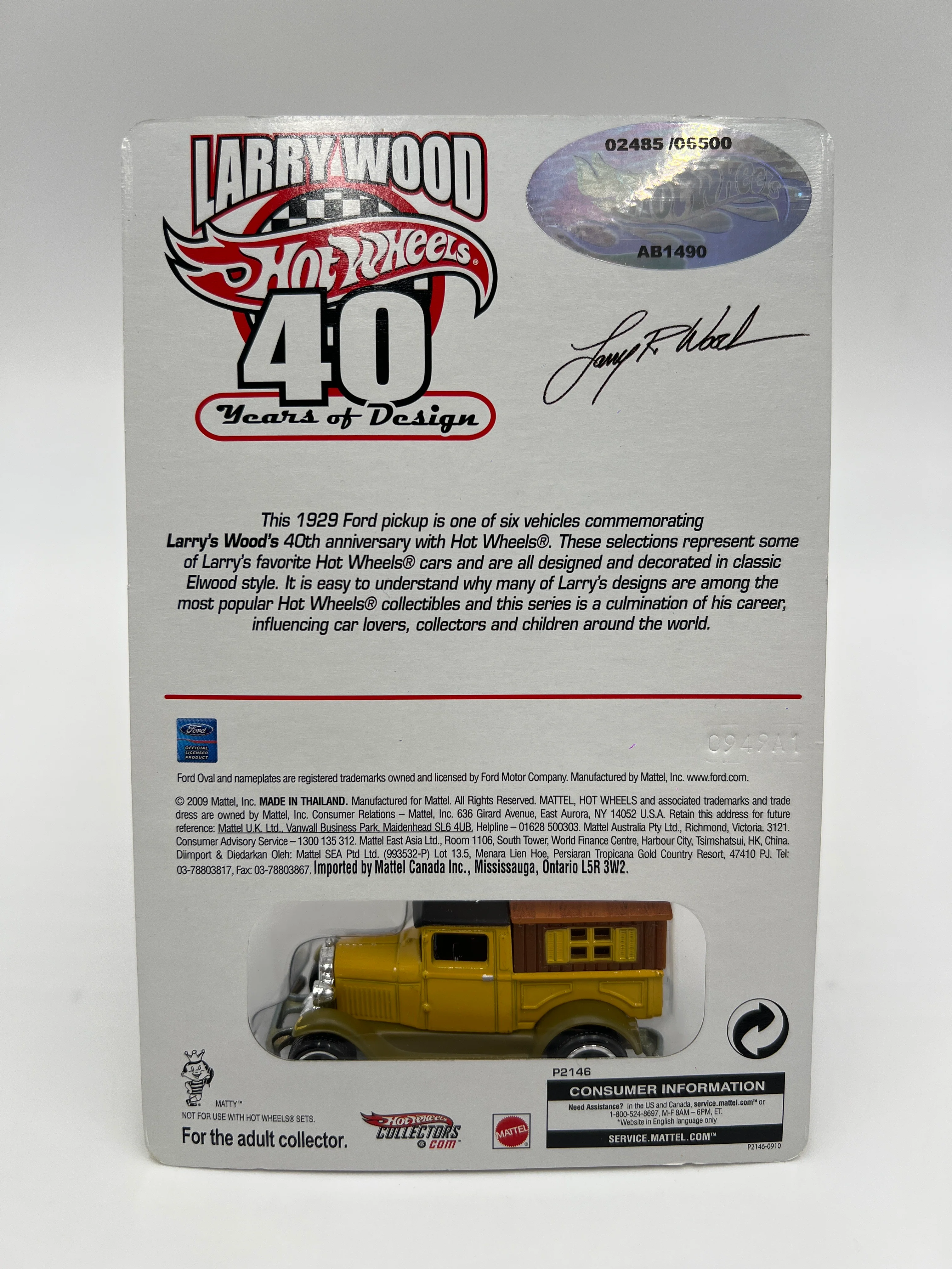 Hot Wheels Larry Wood 40 Years Of Design #2485/6500 1929 Ford Pickup Yellow W/Protector - Image 7