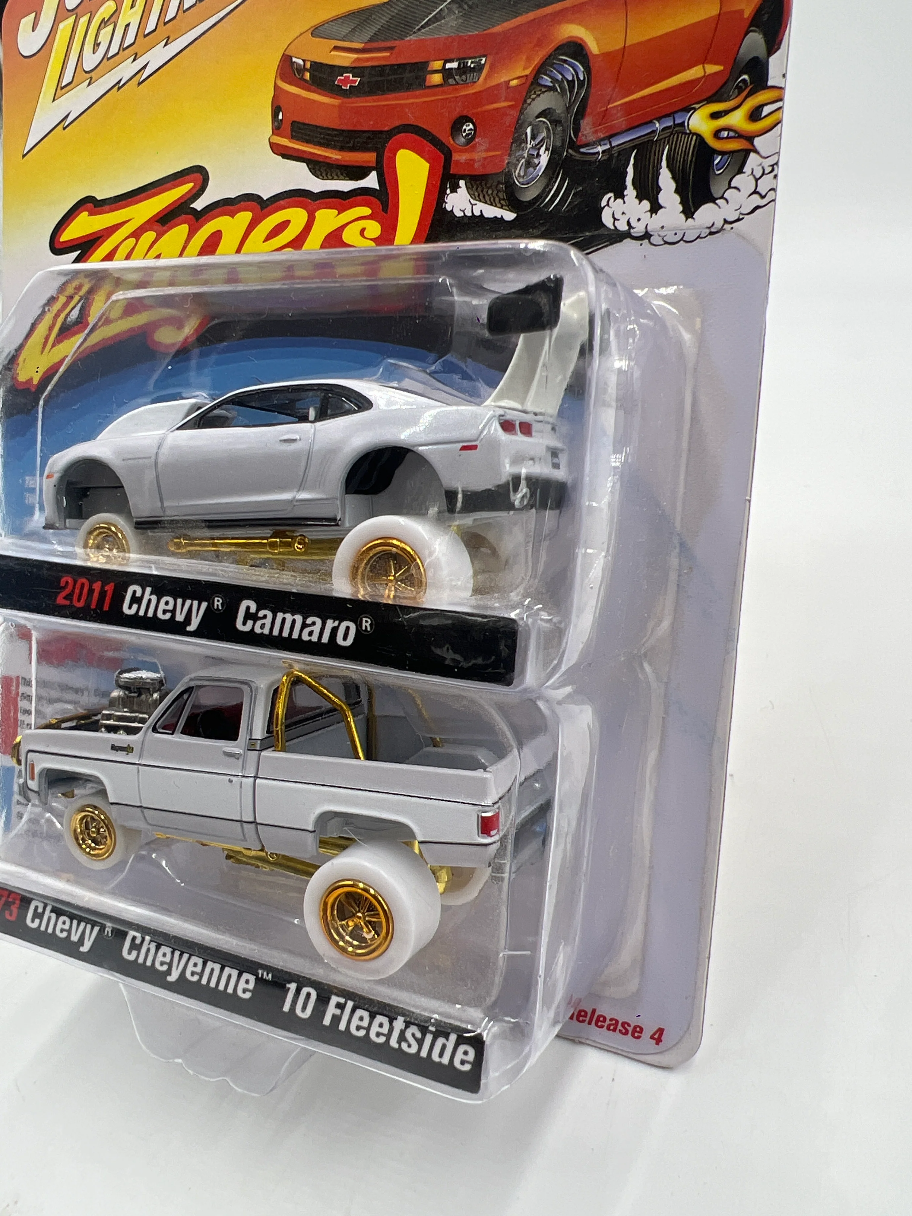 Johnny Lightning 2011 Chevy Camaro & 1973 Chevy Cheyenne 10 Fleetside White Lightning VHTF W/Protector - Image 4