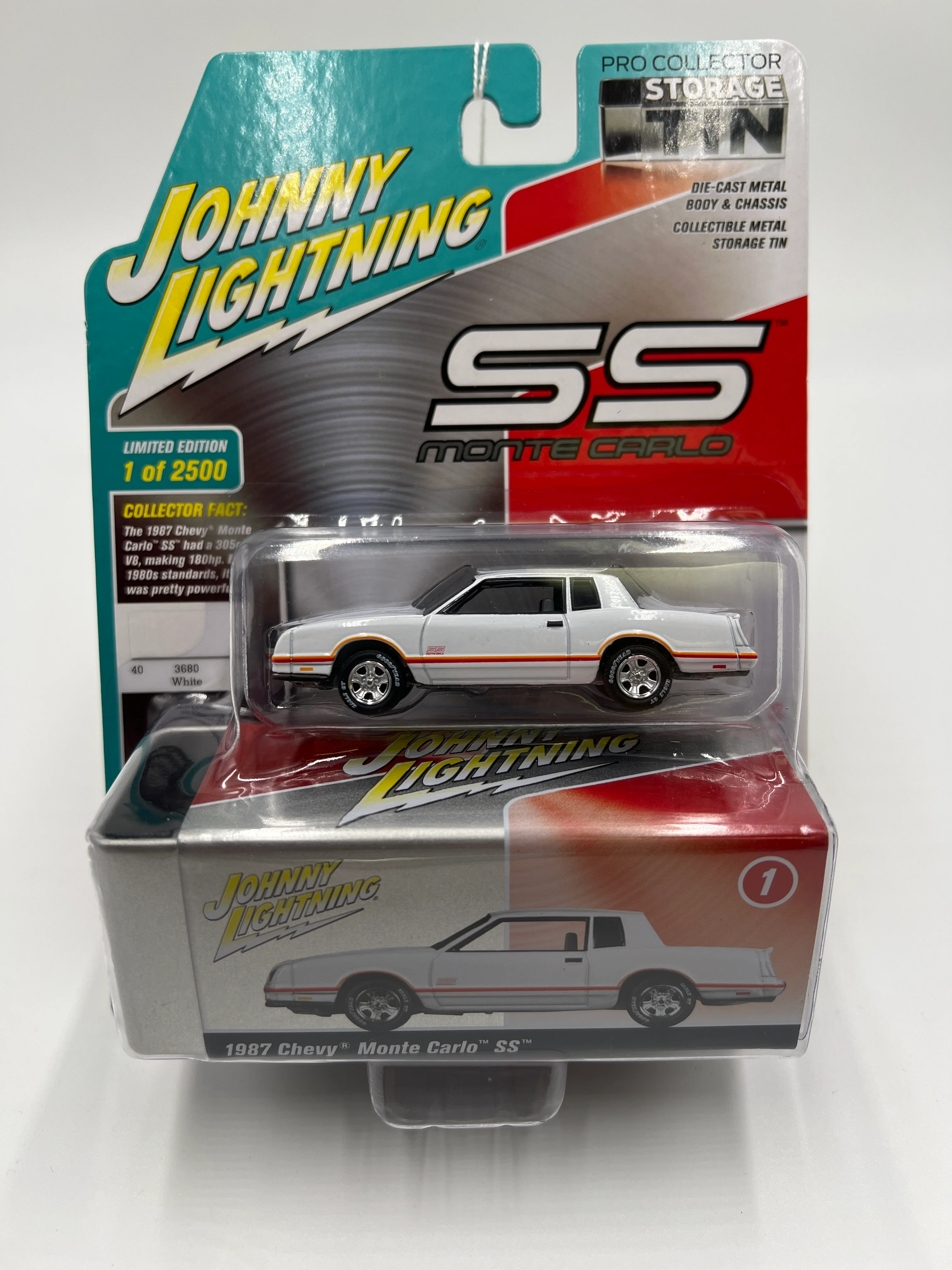 Johnny Lightning Storage Tin Release 1 Version A 1987 Chevy Monte Carlo SS White 1/2500 - Image 2
