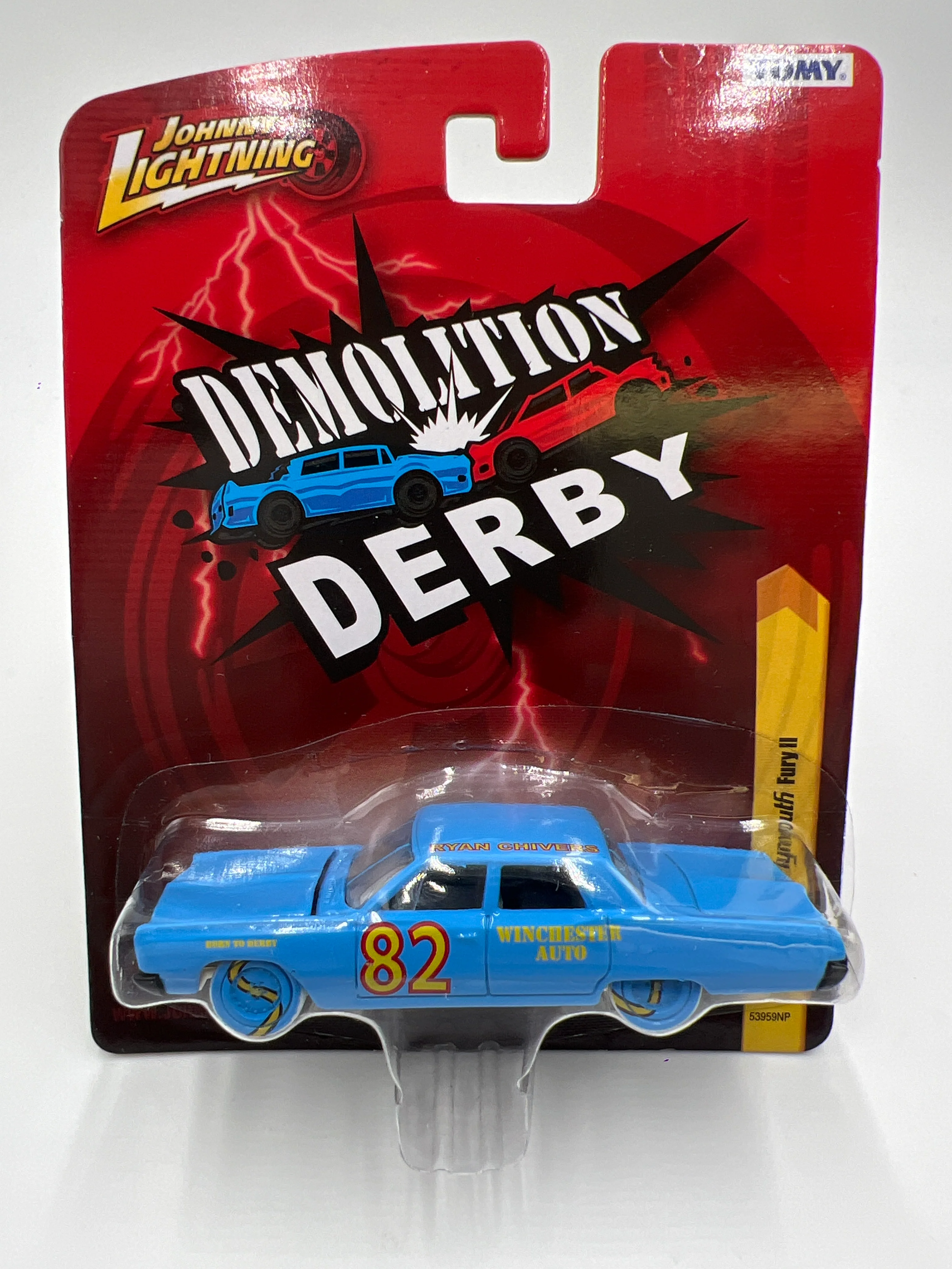 Johnny Lightning Demolition Derby JL25 1967 Plymouth Fury II Light Blue White Lightning Chase W/Protector VHTF - Image 2