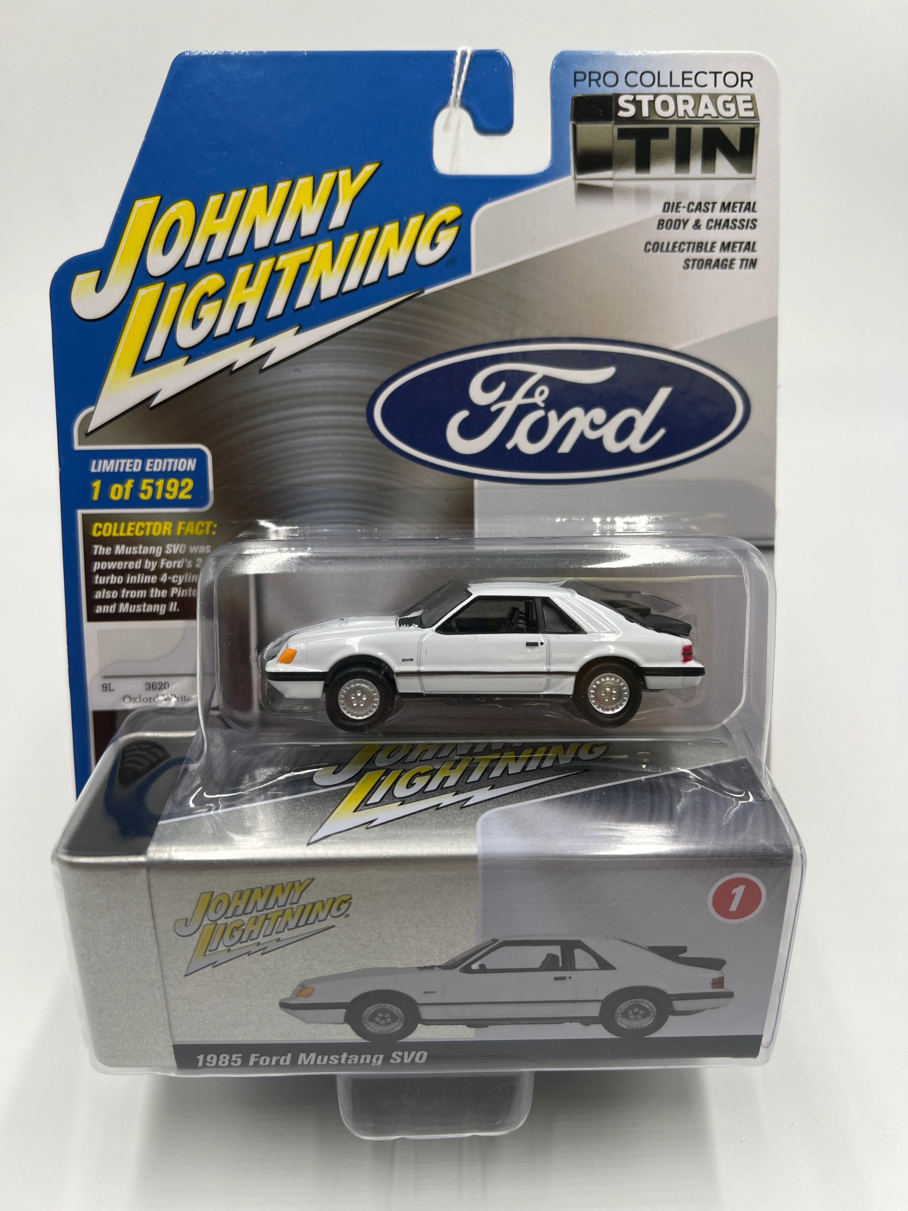 Johnny Lightning Storage Tin Release 2 Version B 1985 Ford Mustang SVO White 229C - Image 2