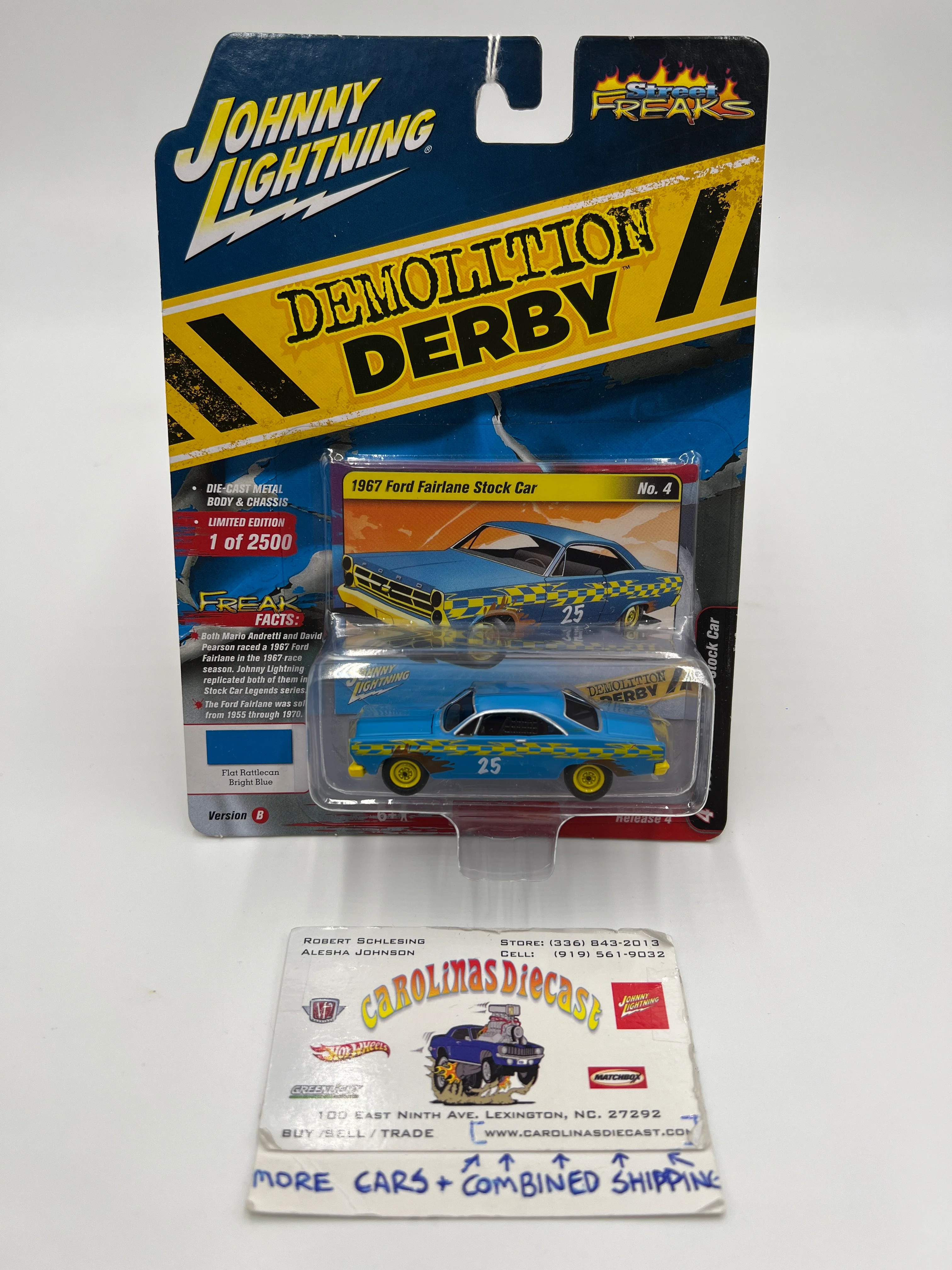 Johnny Lightning Street Freaks Demolition Derby Release 4 Version B 1967 Ford Fairlane Stock Car #25 Flat Rattlecan Bright Blue 232C