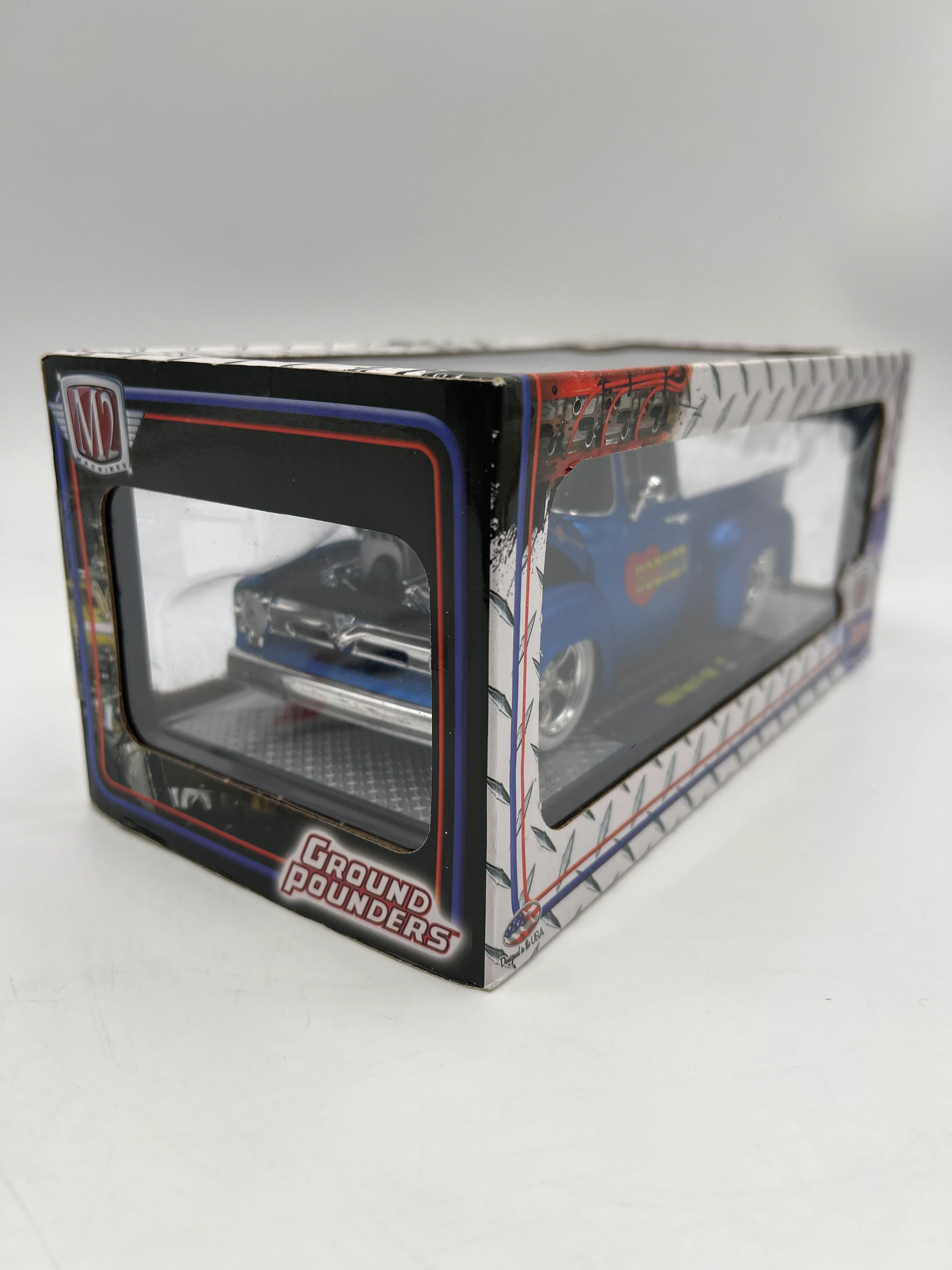 M2 Machines 1/24 Ground Pounders 1956 Ford F-100 Hooker Headers Blue/White R47 - Image 4