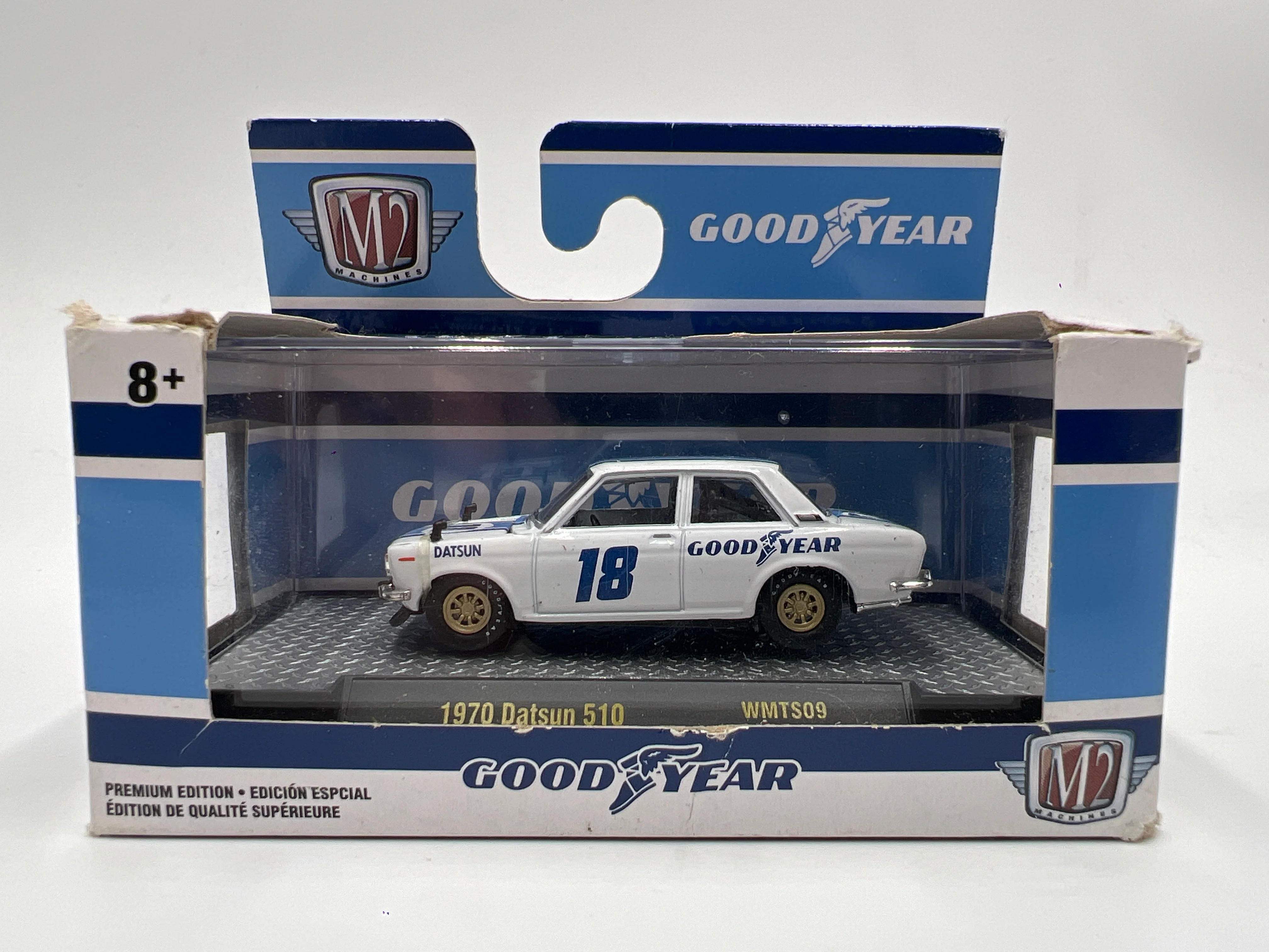 M2 Machines Walmart Exclusive Goodyear 1970 Datsun 510 White WMTS09 Bad Box - Image 2