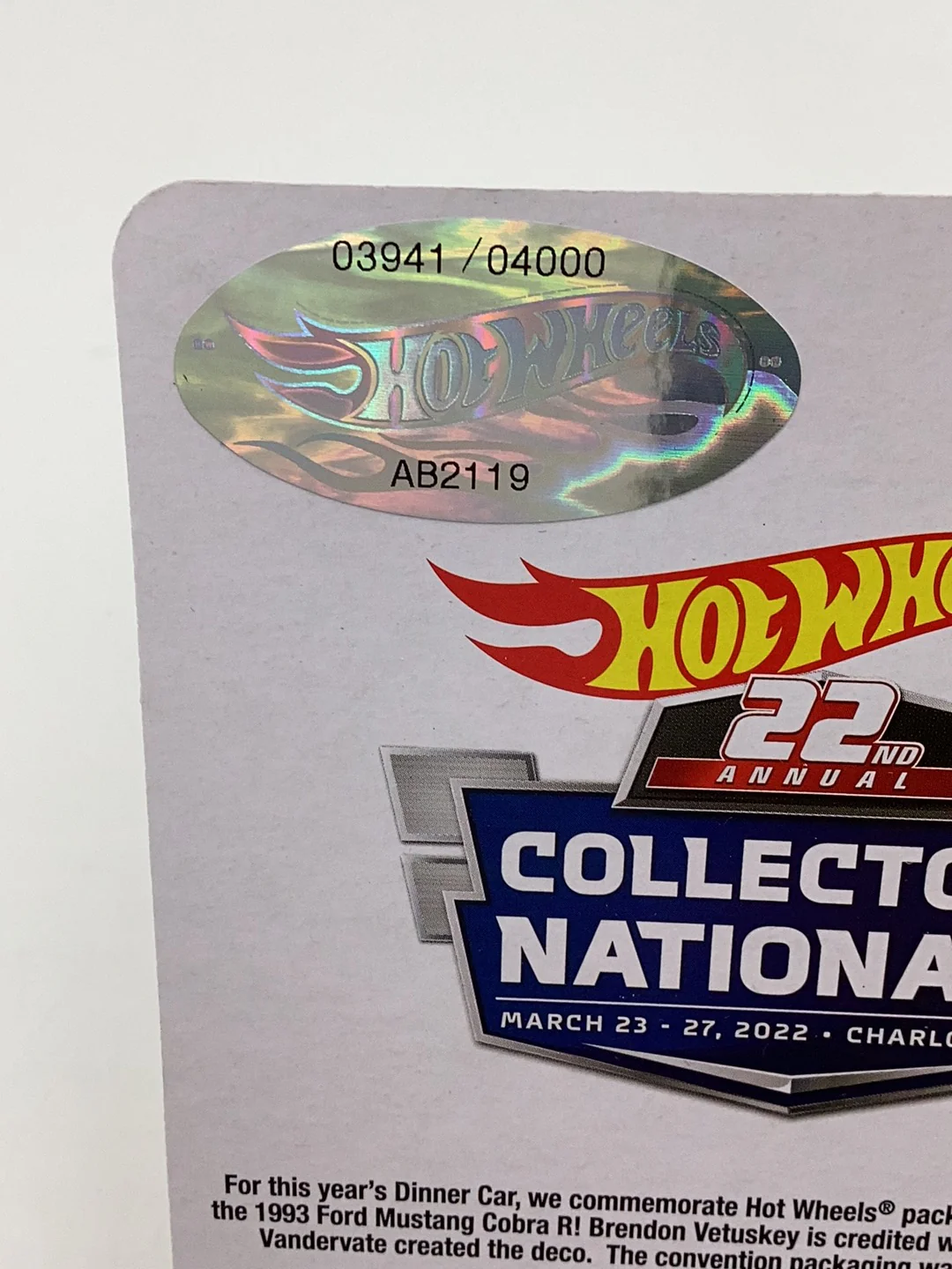 Hot wheels 22nd annual collectors Nationals dinner car 1993 Ford Mustang cobra R 3941/4000 with protector - Image 8