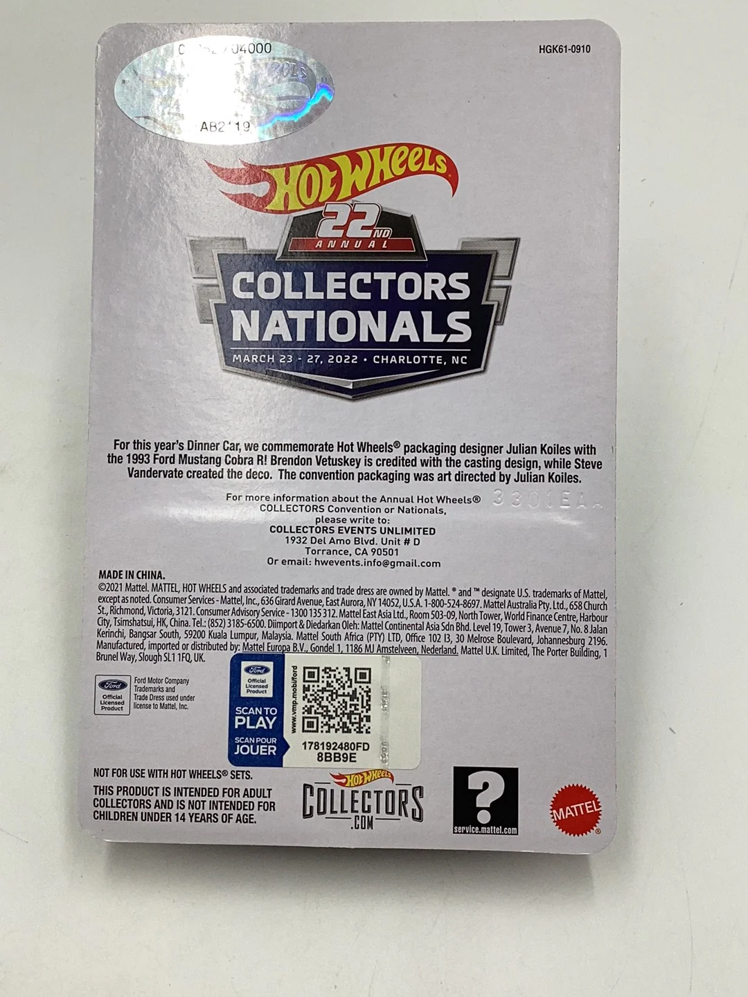 Hot wheels 22nd annual collectors Nationals dinner car 1993 Ford Mustang cobra r #952/4000 - Image 6