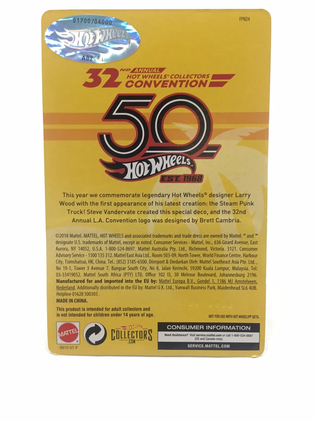 Hot wheels 32nd annual collectors Convention Steam Punk Truck 1700/4000 VHTF with protector - Image 6