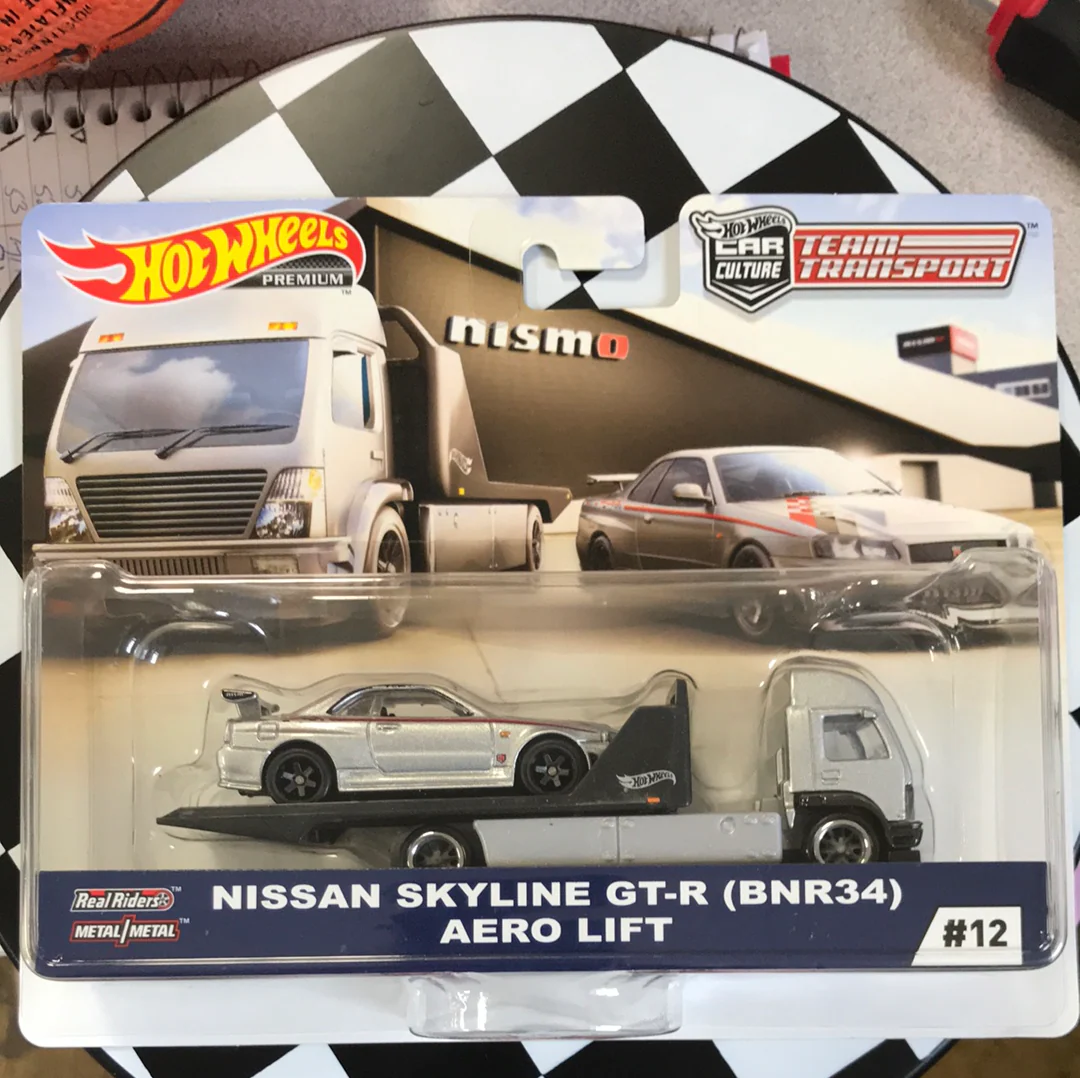 Hot wheels car culture team transport #12 Nissan skyline GT-R r34 Aero Lift W/Protector