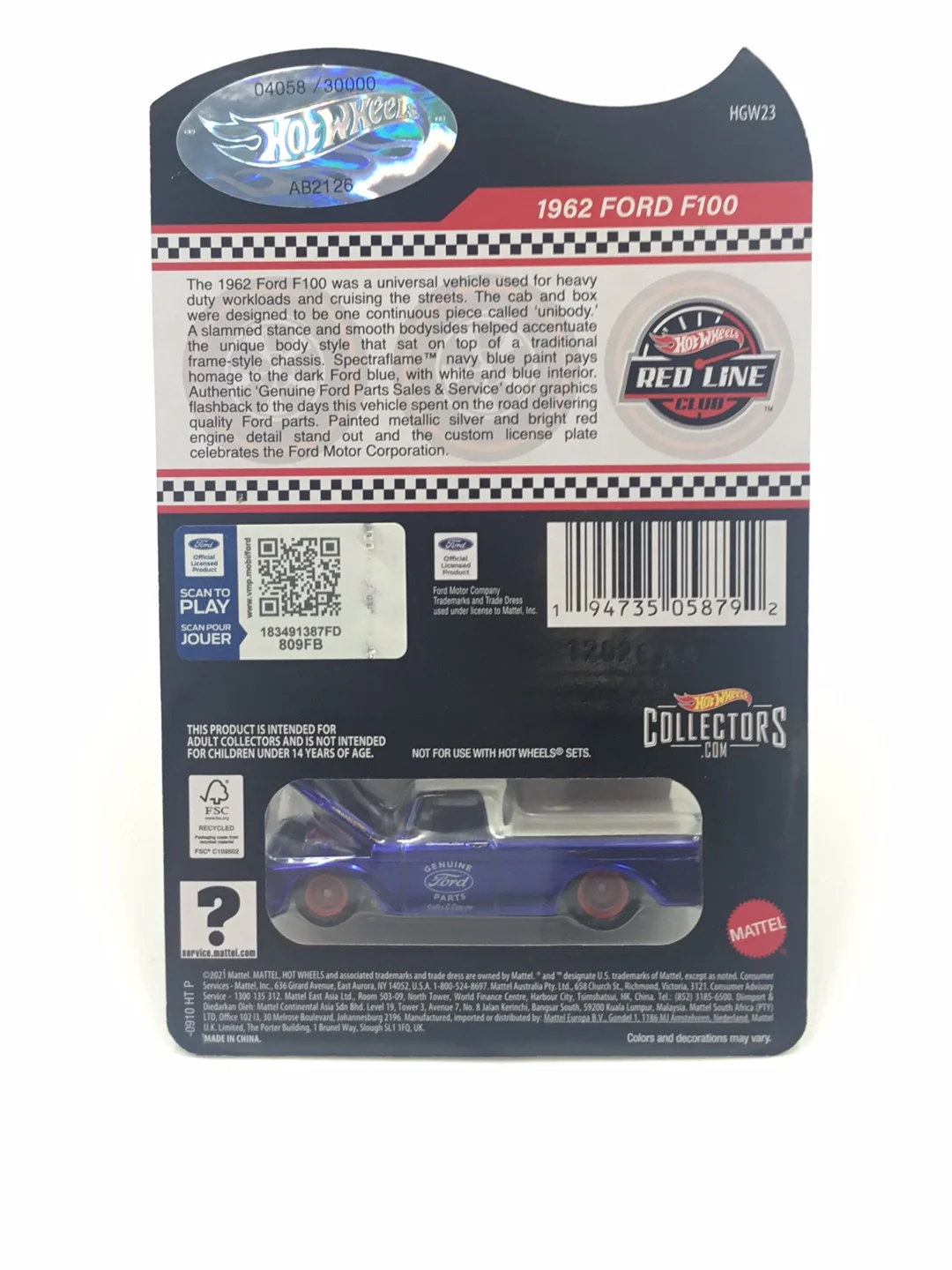 Hot wheels redline club 1962 Ford F-100 4058/30000 with protector - Image 6