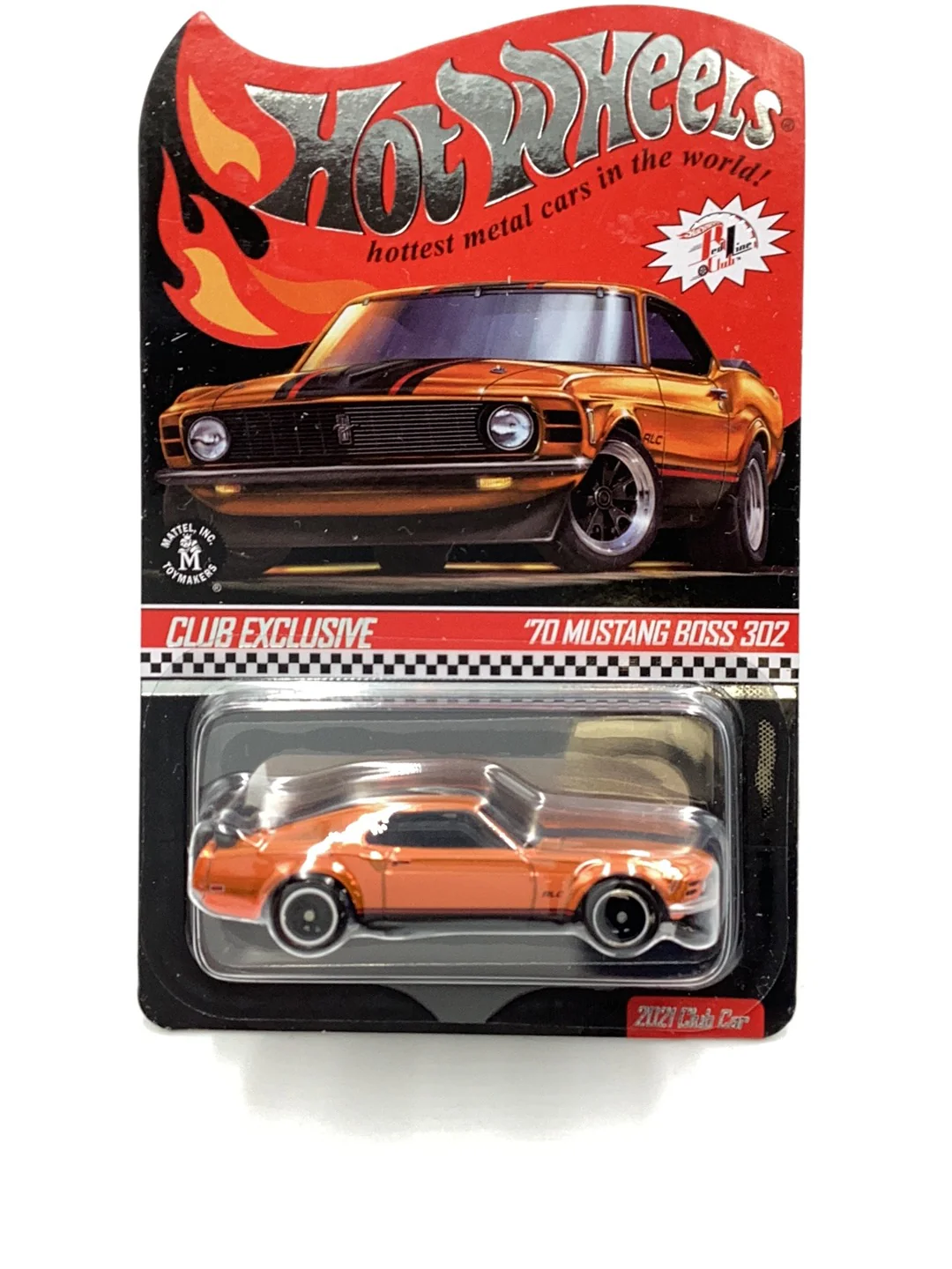 Hot Wheels redline club exclusive 70 Mustang Boss 302 2021 Club car with patch and button and protector - Image 2