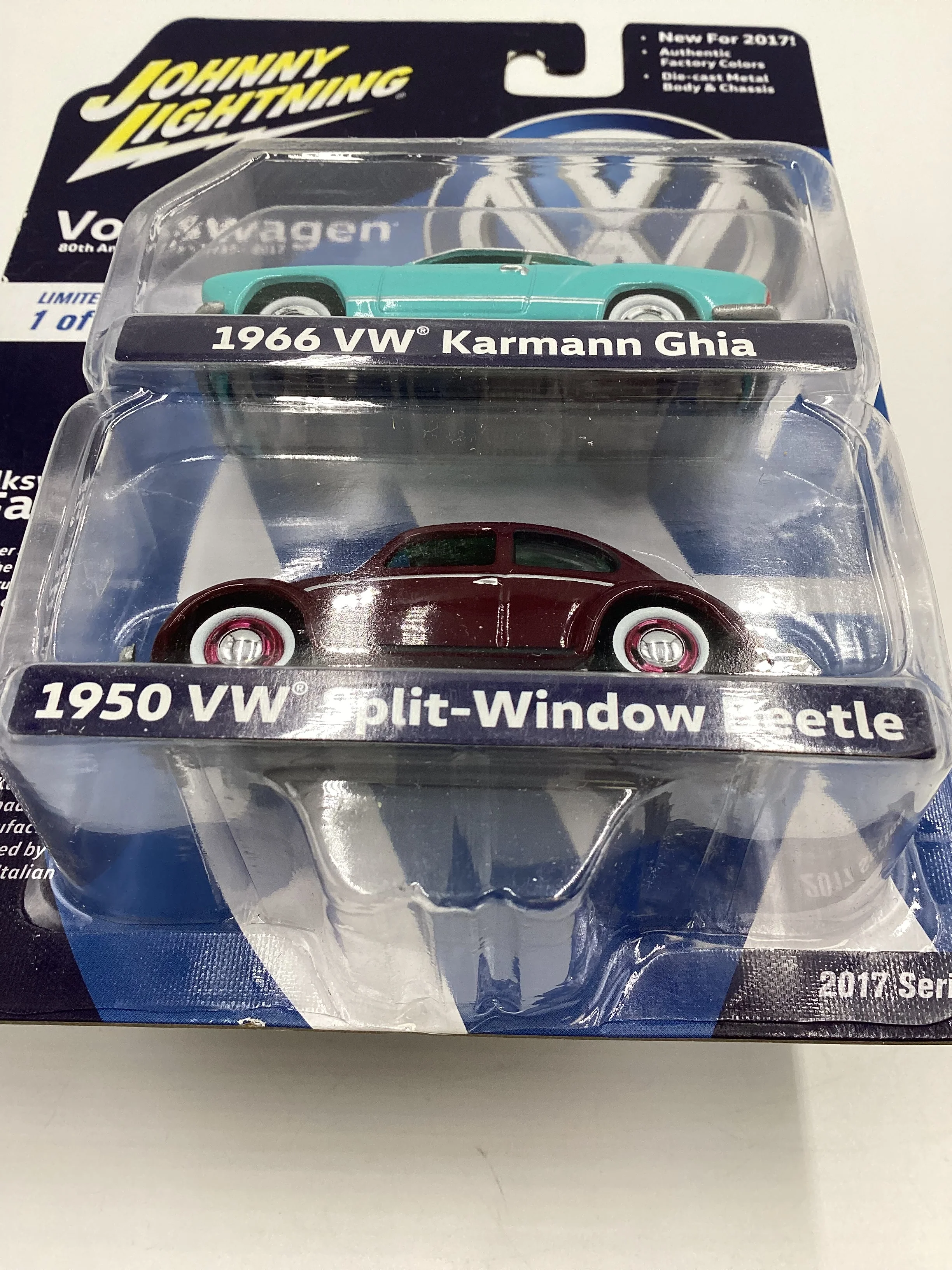 Johnny Lightning 2 Pack 1/2502 1966 VW Karmann Ghia Light Blue 1950 VW Split Window Beetle Maroon with protector - Image 7