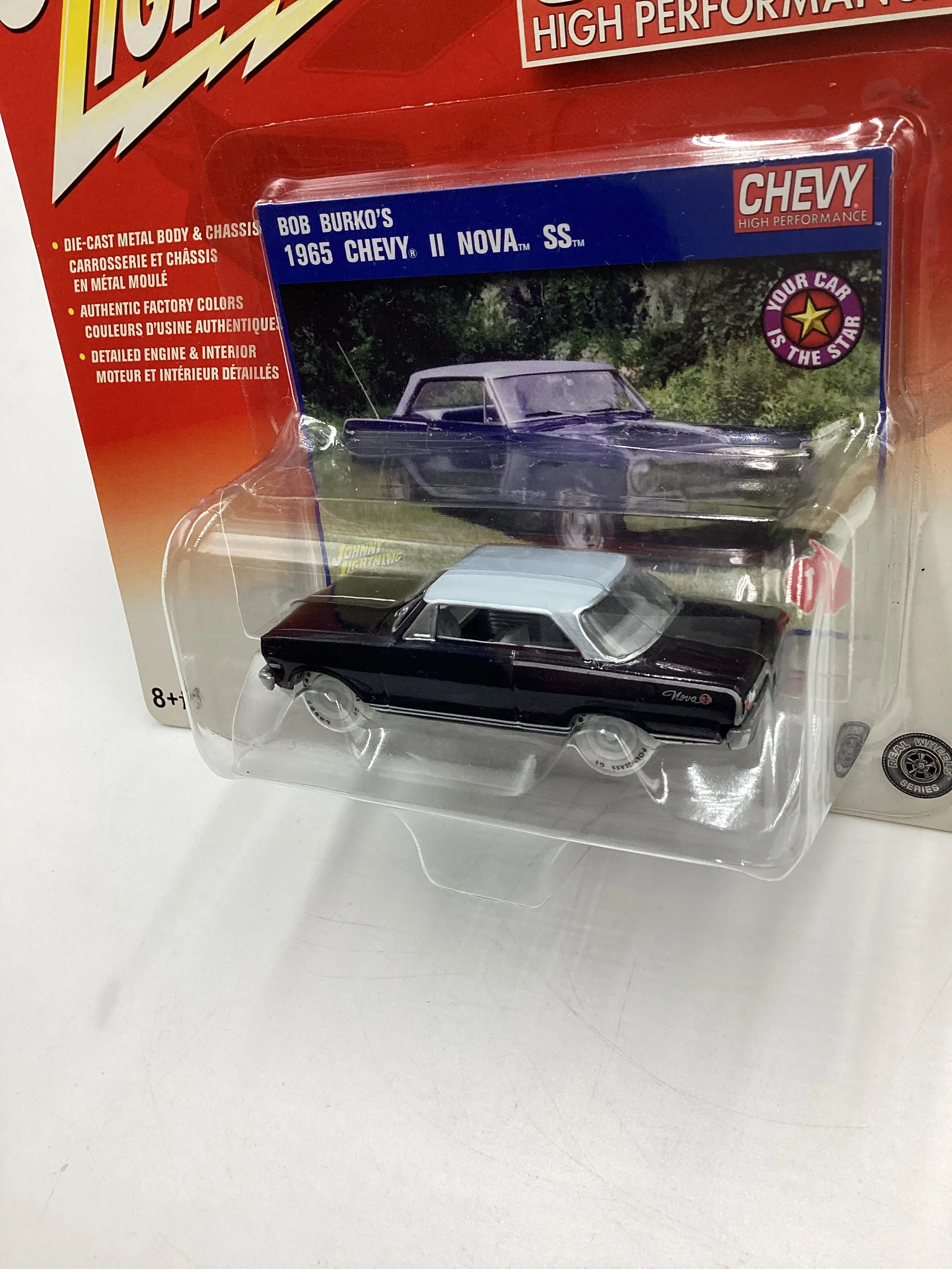 Johnny Lightning Chevy High Performance #1 Bob Burkos 1965 Chevy II Nova SS Black White Lightning Chase VHTF - Image 4