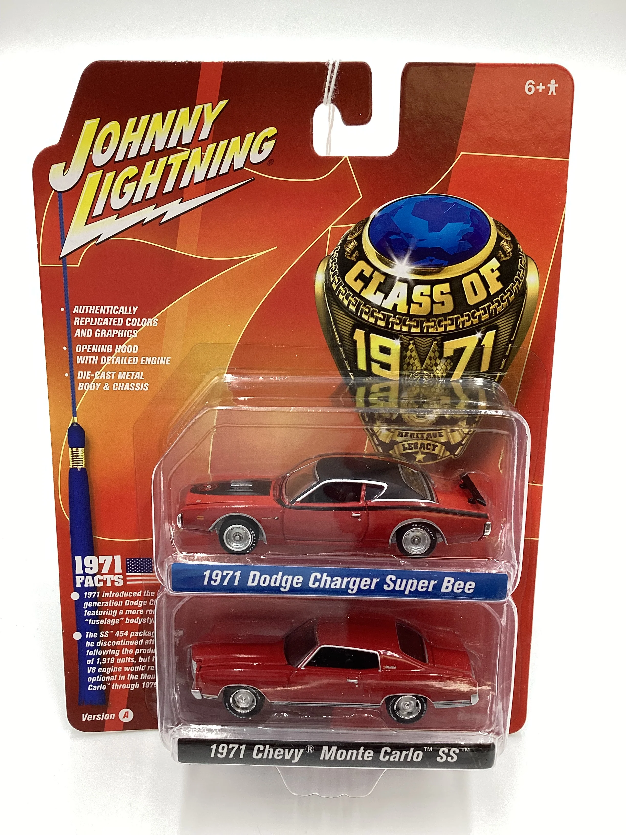 Johnny Lightning Class of 71 2 Pack Release 3 Version A 1971 Dodge Charger Super Bee Red 1971 Chevy Monte Carlo SS Red 231C - Image 2