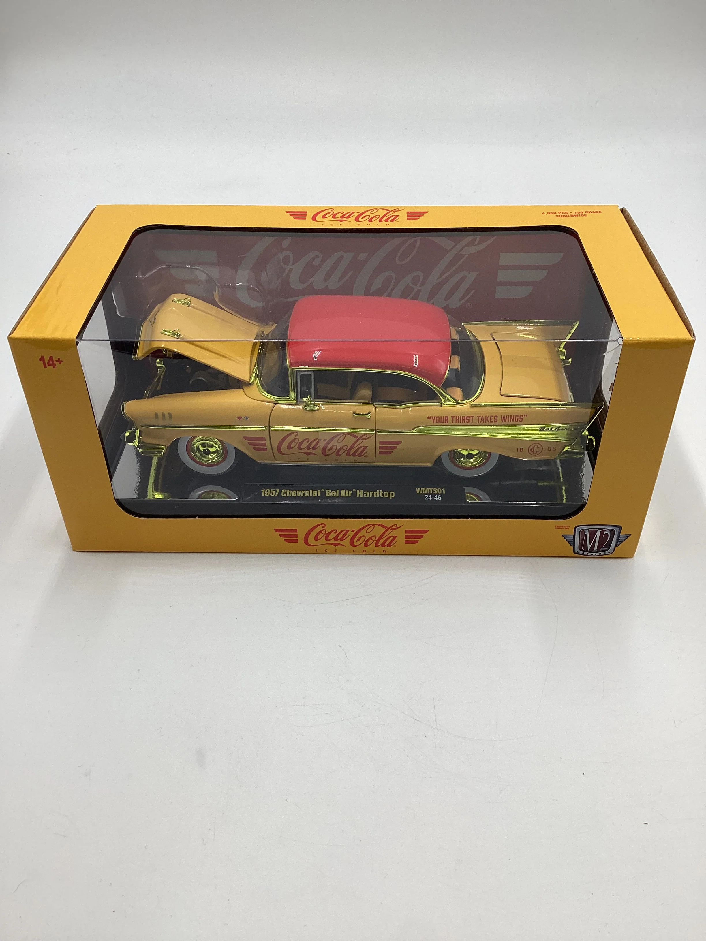 M2 Machines 1/24 Walmart Exclusive Coca Cola 1957 Chevrolet Bel Air Hardtop Yellow WMTS01 CHASE - Image 2