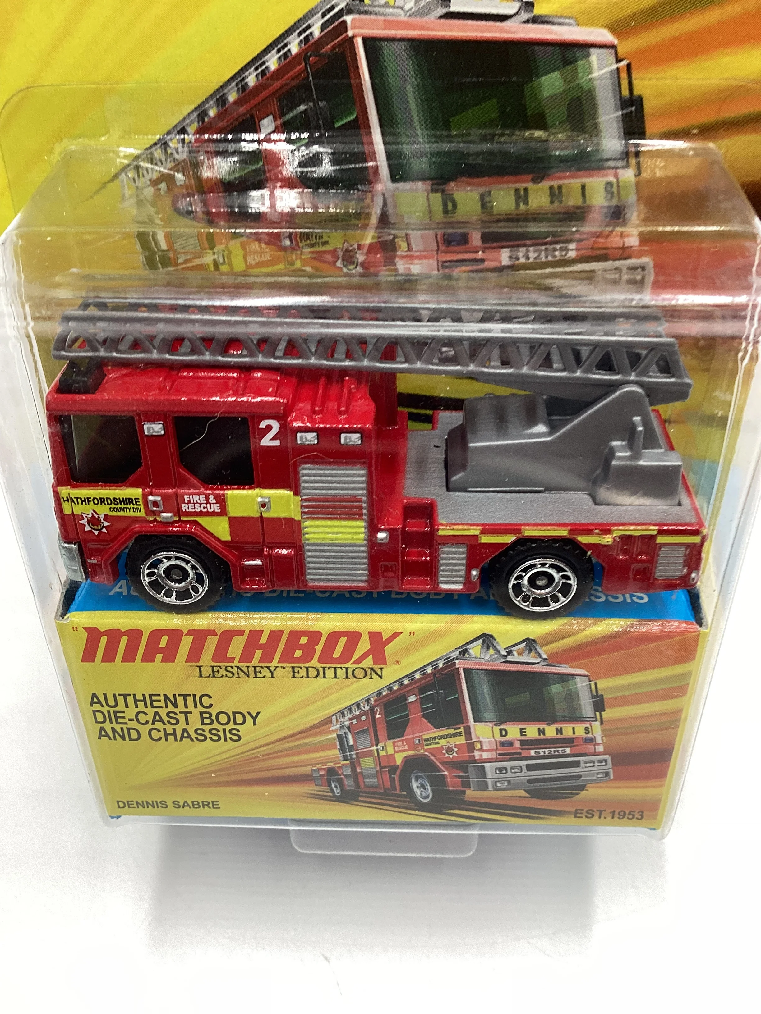 Matchbox Lesley Edition Dennis Sabre Fire Engine Red Back of Card Damage 169H - Image 3
